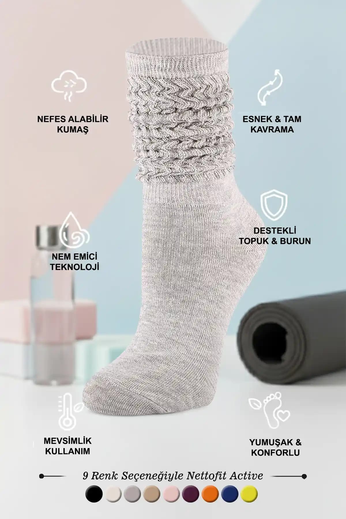 Nettofit Tekli Kadın Mevsimlik Gri Yoga Fitness Plates Spor ve Aerobik Bot Çorabı Rahatlığı