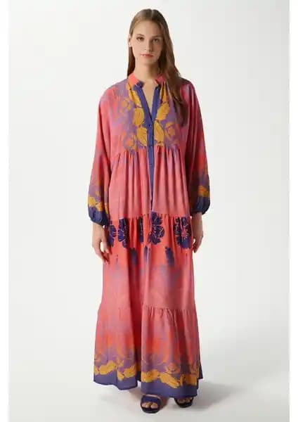 Ritnice Modest Kadın Clara Pembe %100 Viskon Maksi Boy Uzun Elbise Rahat ve Şık Tasarım