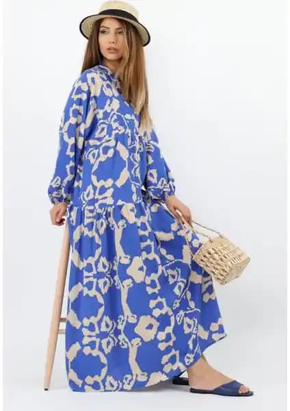Ritnice Prive Kadın Chain %100 Viskon Mavi Balon Kol Maksi Boy Yazlık Elbise