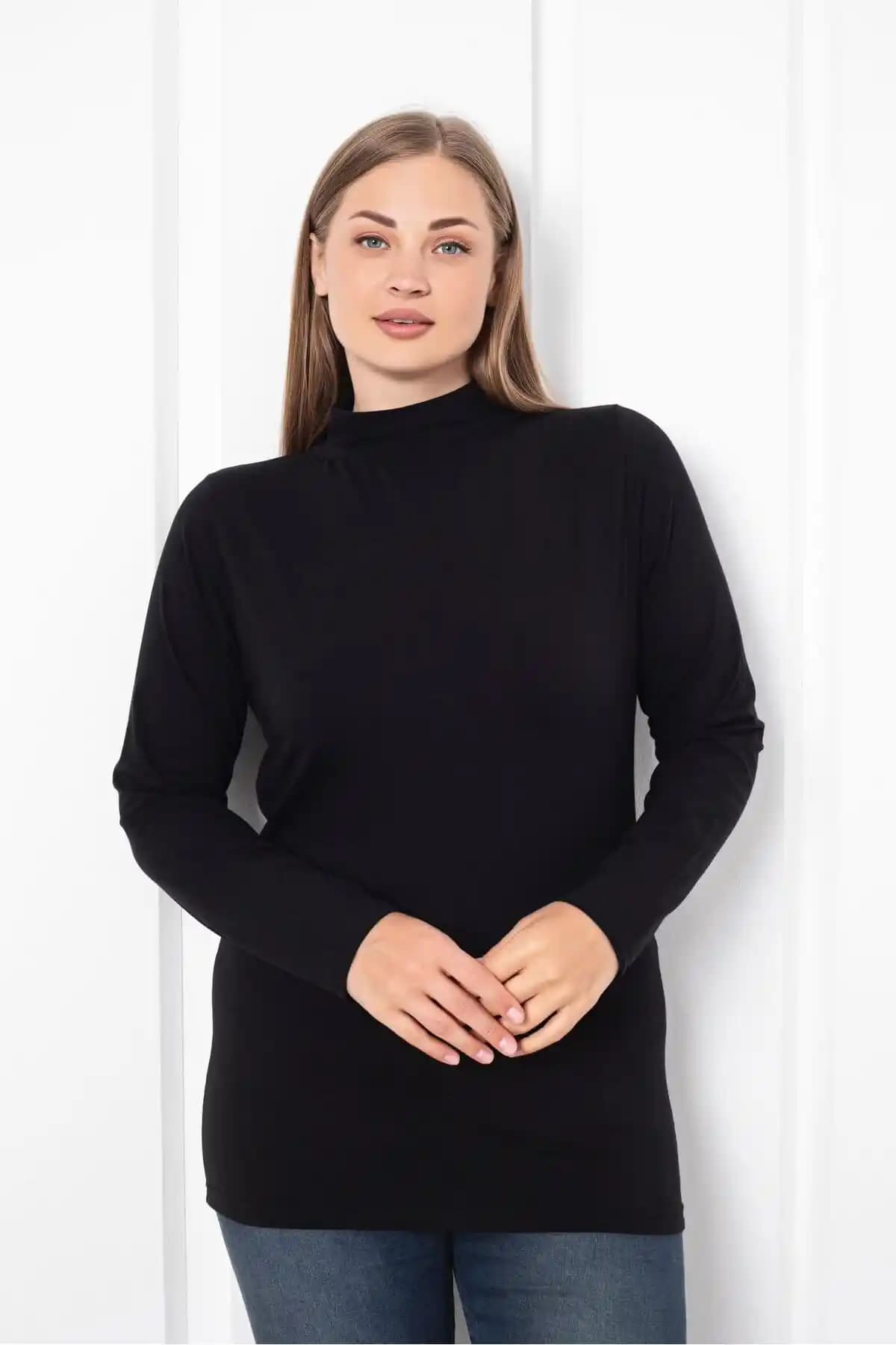 Trendbade Butik Siyah Büyük Beden Yarım Balıkçı Yaka Pamuklu Kadın Body