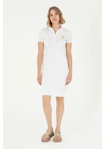 U.S. Polo Assn. Kadın Beyaz Örme Elbise Slim Fit, Pamuklu ve Rahat Tasarım