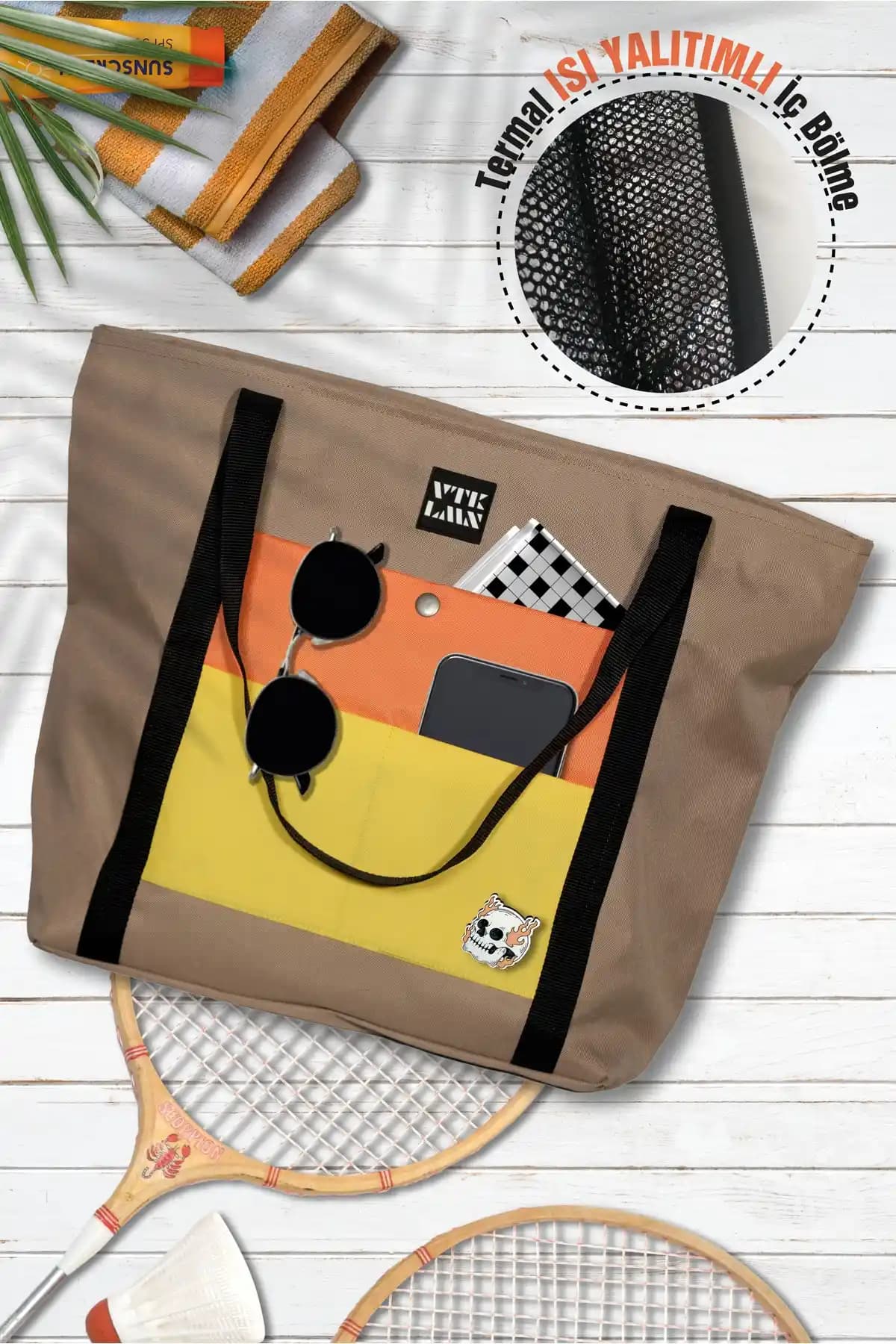 Vatkalimon Isı Yalıtımlı Termal Krem Turuncu Sarı Renkli Geniş Plaj Çantası