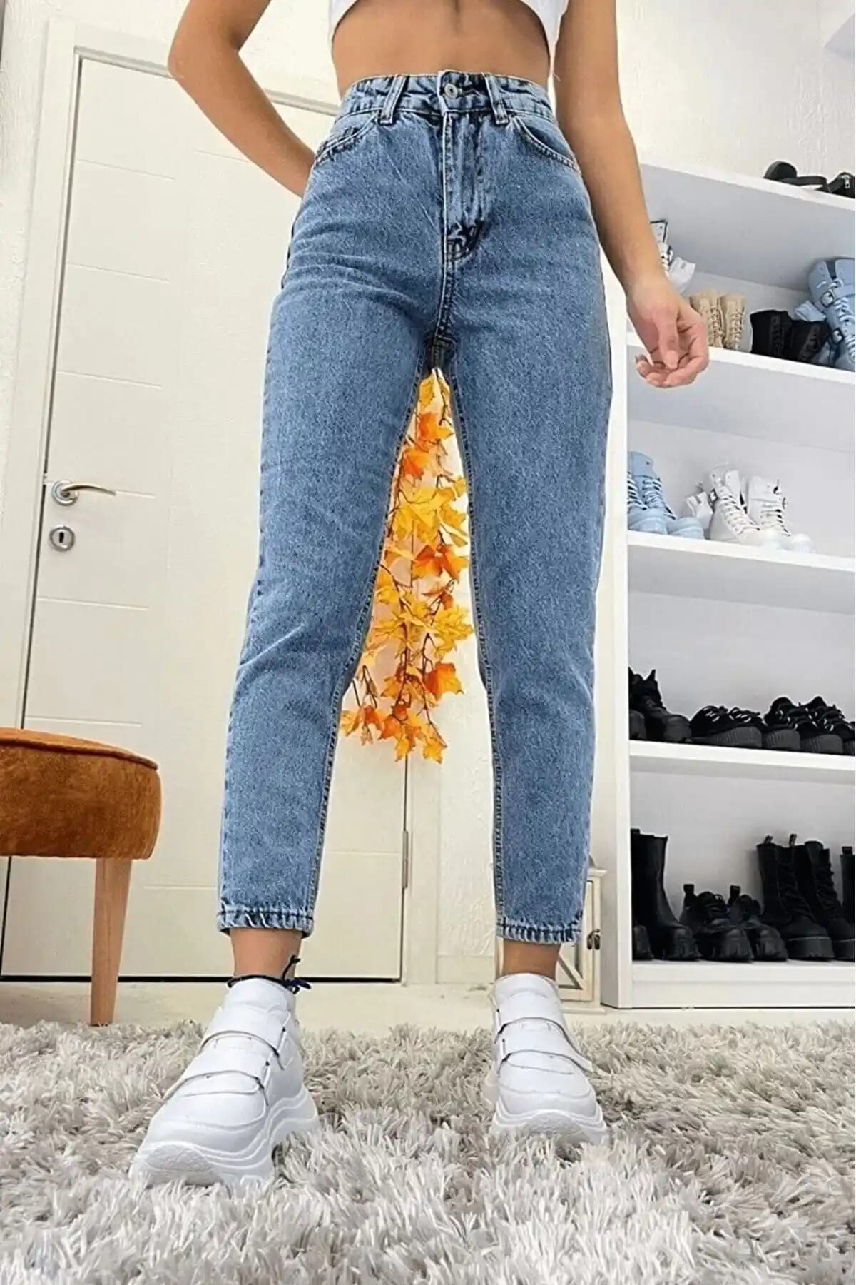 Bella denim Mavi Yüksek Bel Mom Jean Kot Pantolon Günlük ve Şık Kullanım İçin