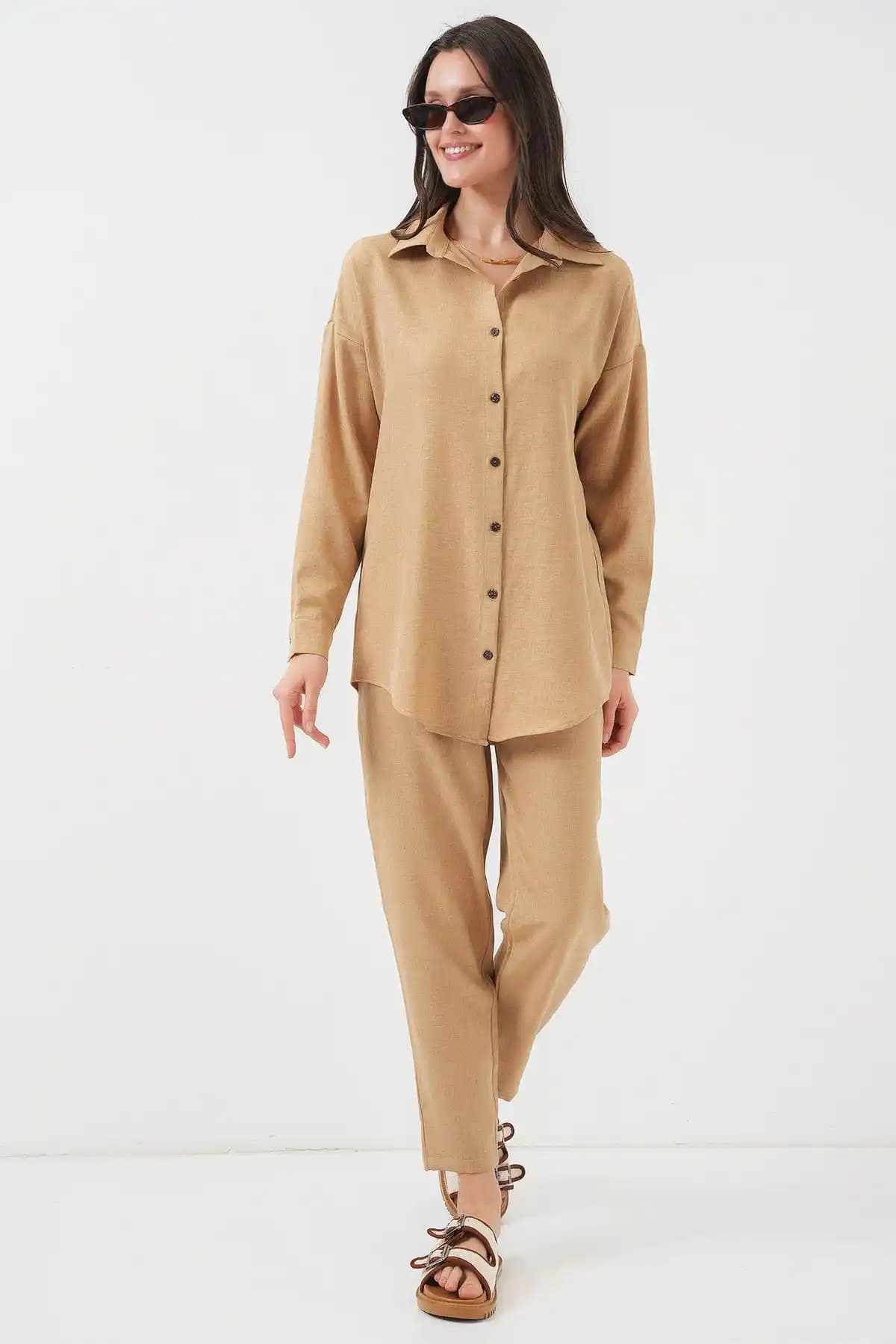 Bigdart Kadın Camel Oversize Rahat Keten Takım Modern ve Şık Tasarım