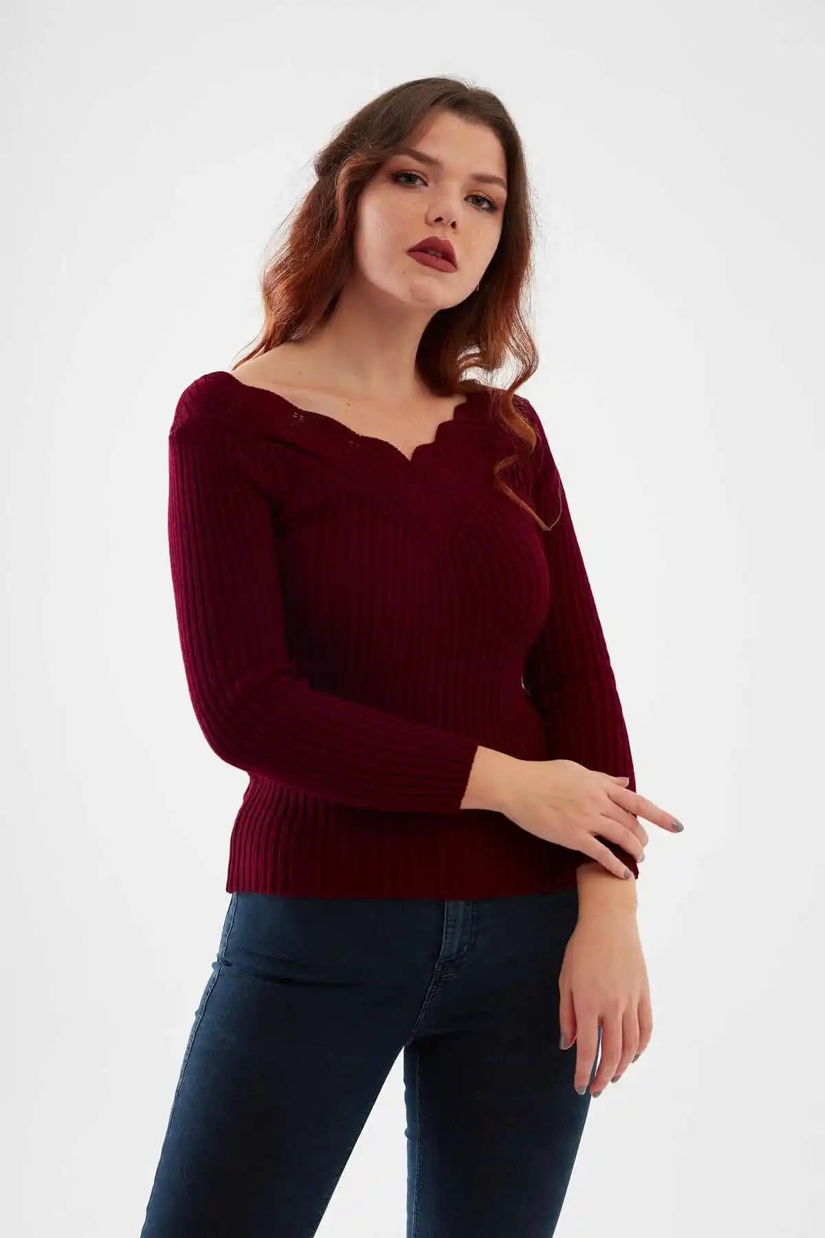 CityCenterFashion Kadın Bordo Güpür Yaka Triko Kazak Şık ve Konforlu Kışlık Bluz