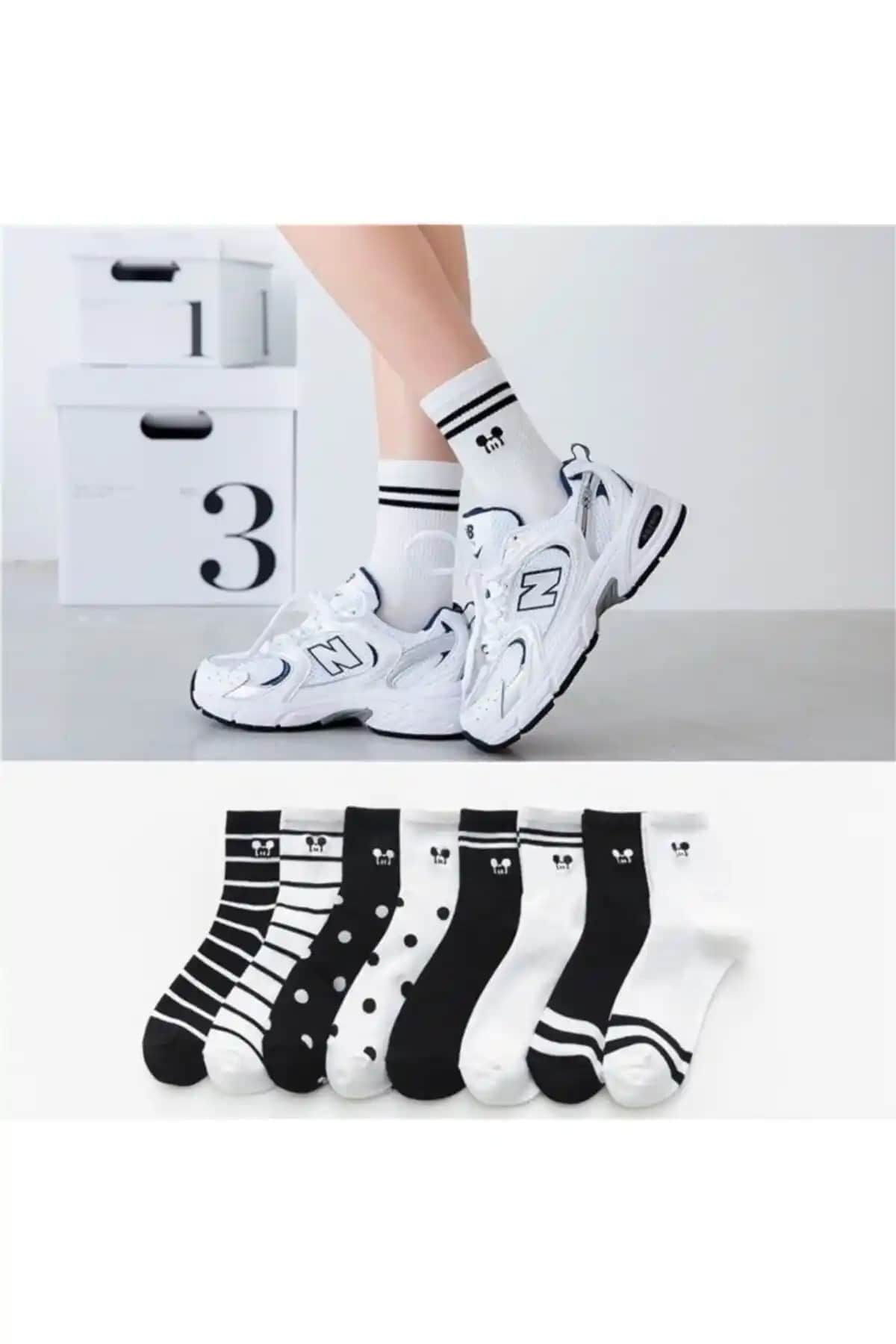 Çorapmanya 8 Çift Çok Renkli Mouse Desenli Çizgili Pamuklu Soket Çorap Koleksiyonu