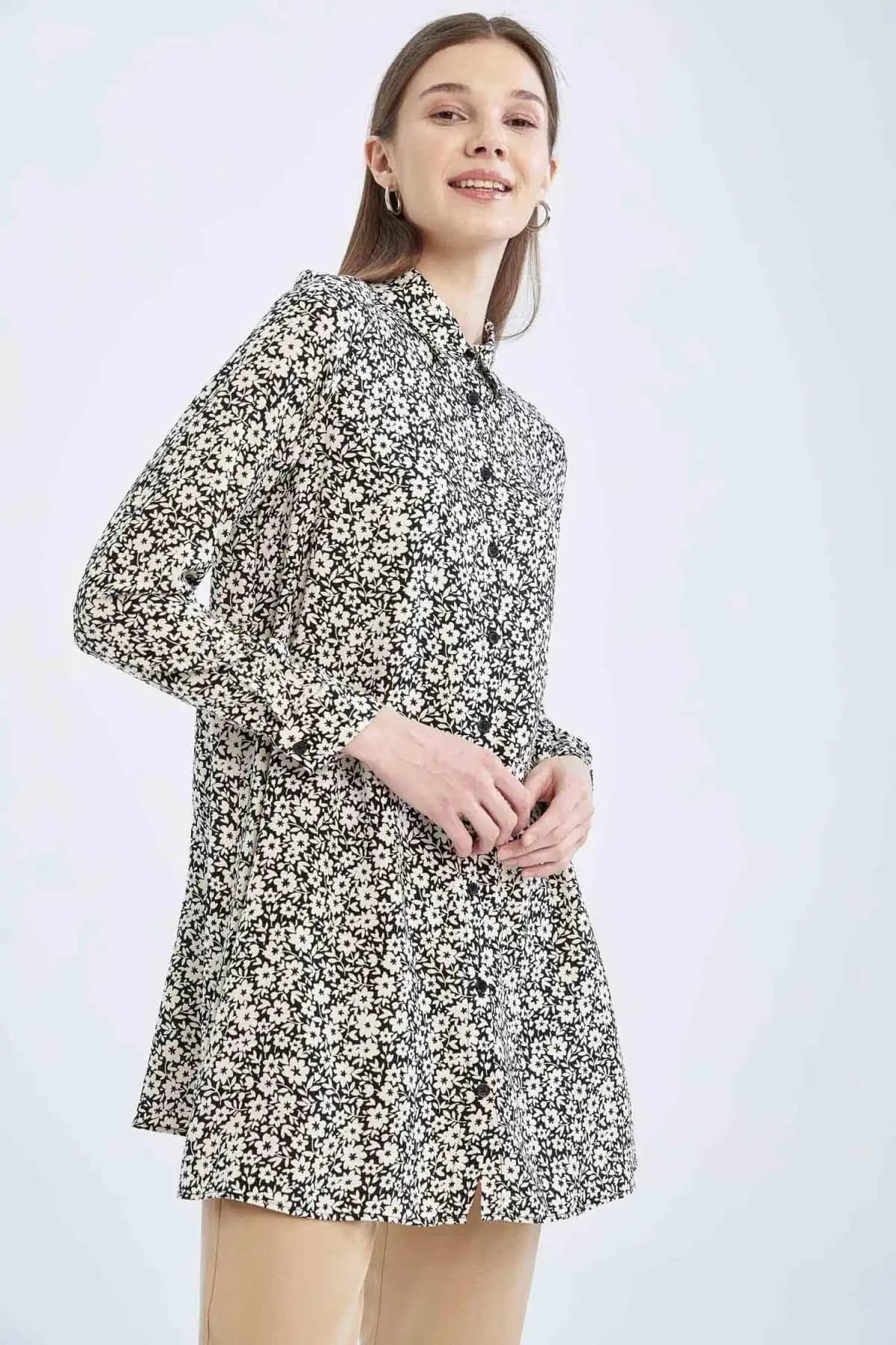 Defacto Regular Fit Çiçek Desenli Uzun Kollu Gömlek Tunik Günlük Şıklık ve Konfor İçin