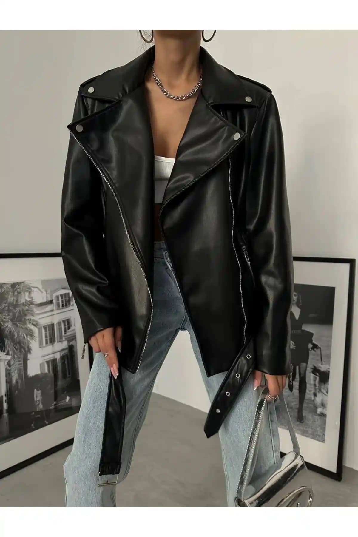 Ekim Store Uzun Kemerli Boyfriend Deri Ceket Modaya Uygun ve Dayanıklı Tasarım