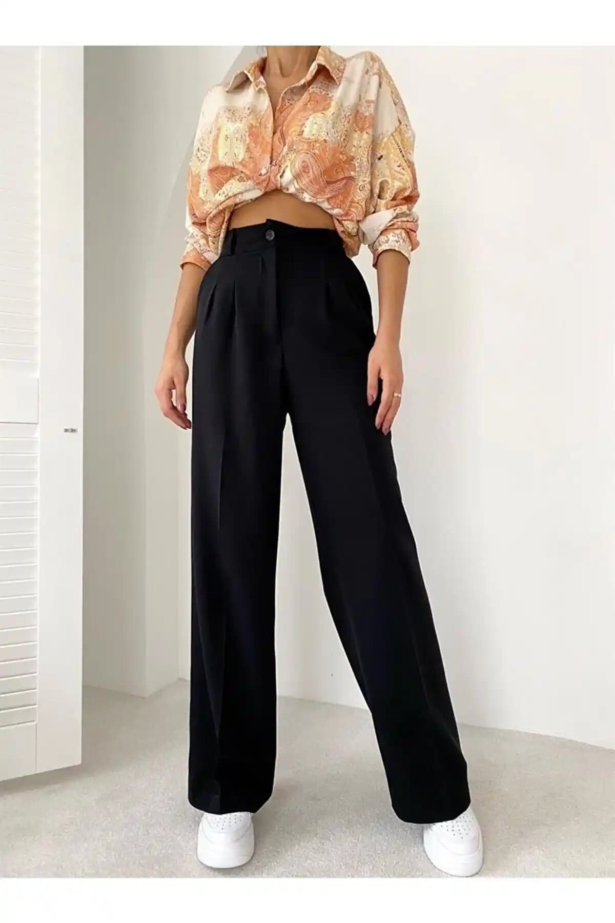 ElitWear Kadın Yüksek Bel Pileli Palazzo Pantolon Modern ve Şık Tasarım