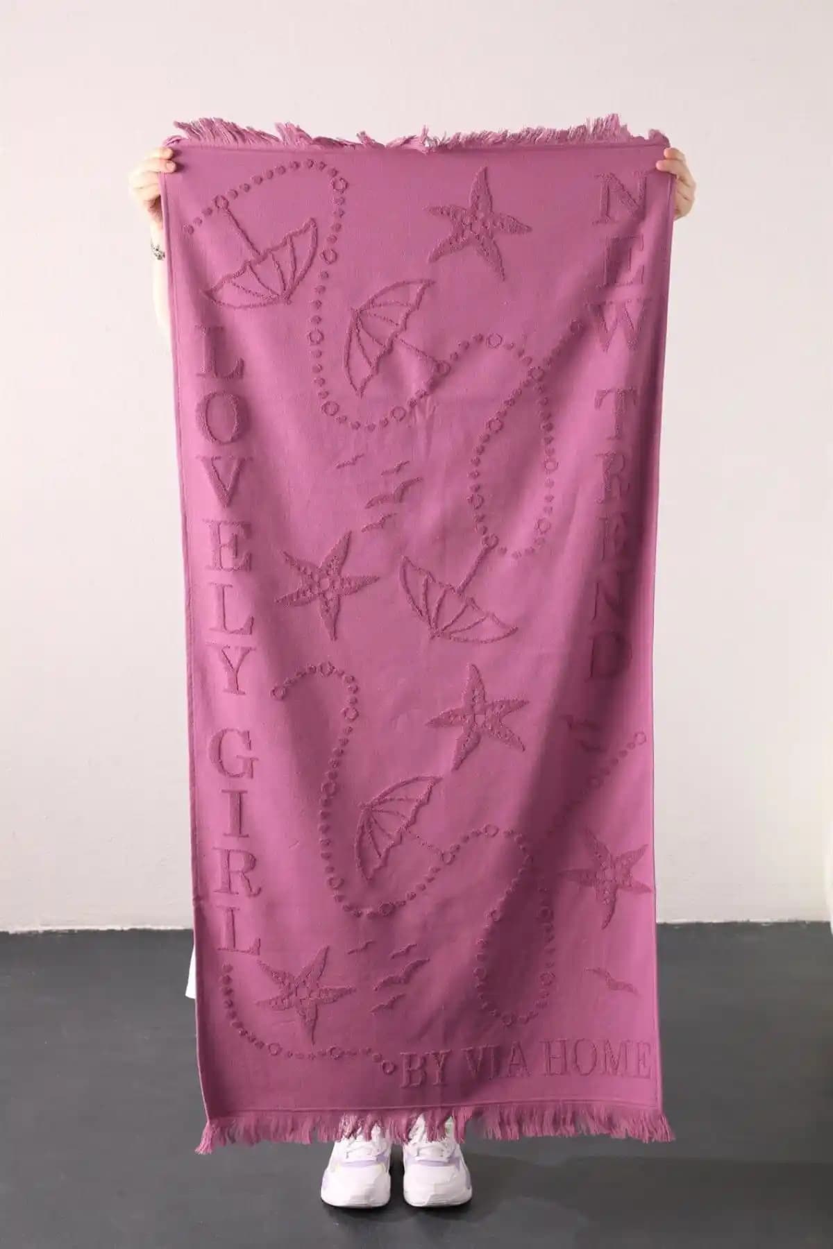 FAVORA Trend %100 Pamuk Kabartmalı Mürdüm Plaj Havlusu Şık ve Hafif Tasarım