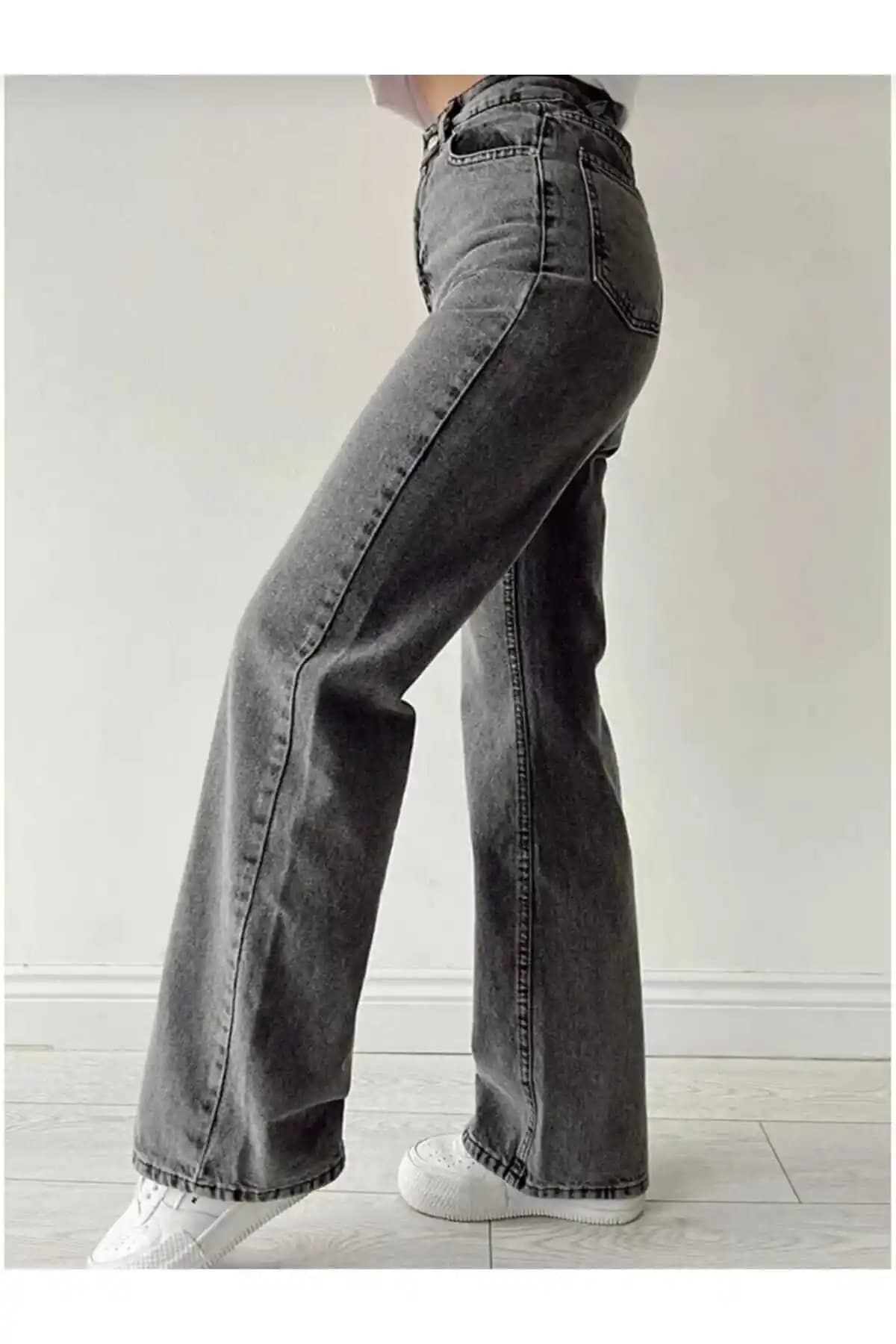 Genz Manifacture Santaclara 90's Kar Yıkama Gri Likralı Yüksek Bel Wide Leg Jean Pantolon