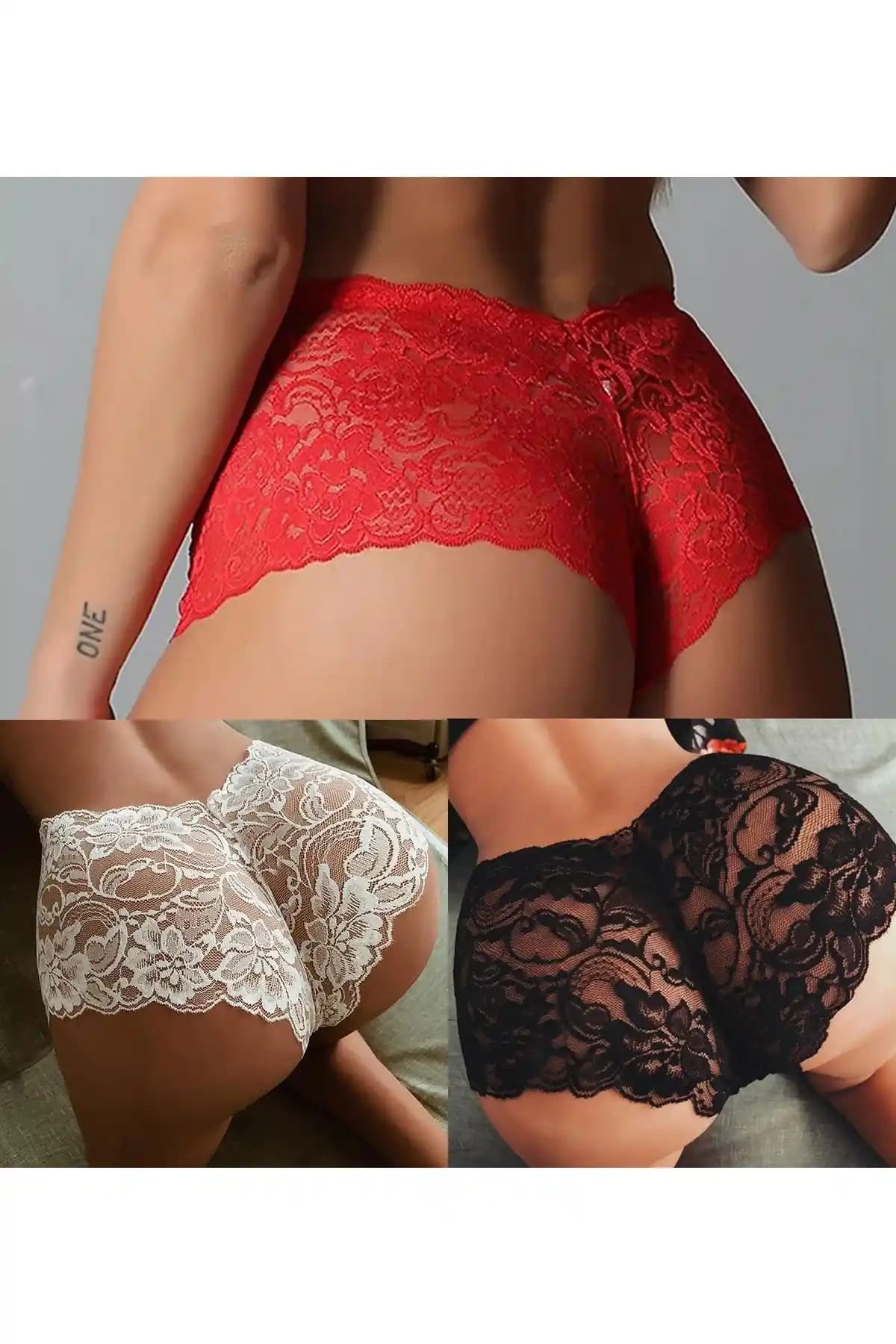 İmoda Kadın Siyah Beyaz Kırmızı 3'lü Dantel Şort Külot Şıklık ve Konfor Sunar