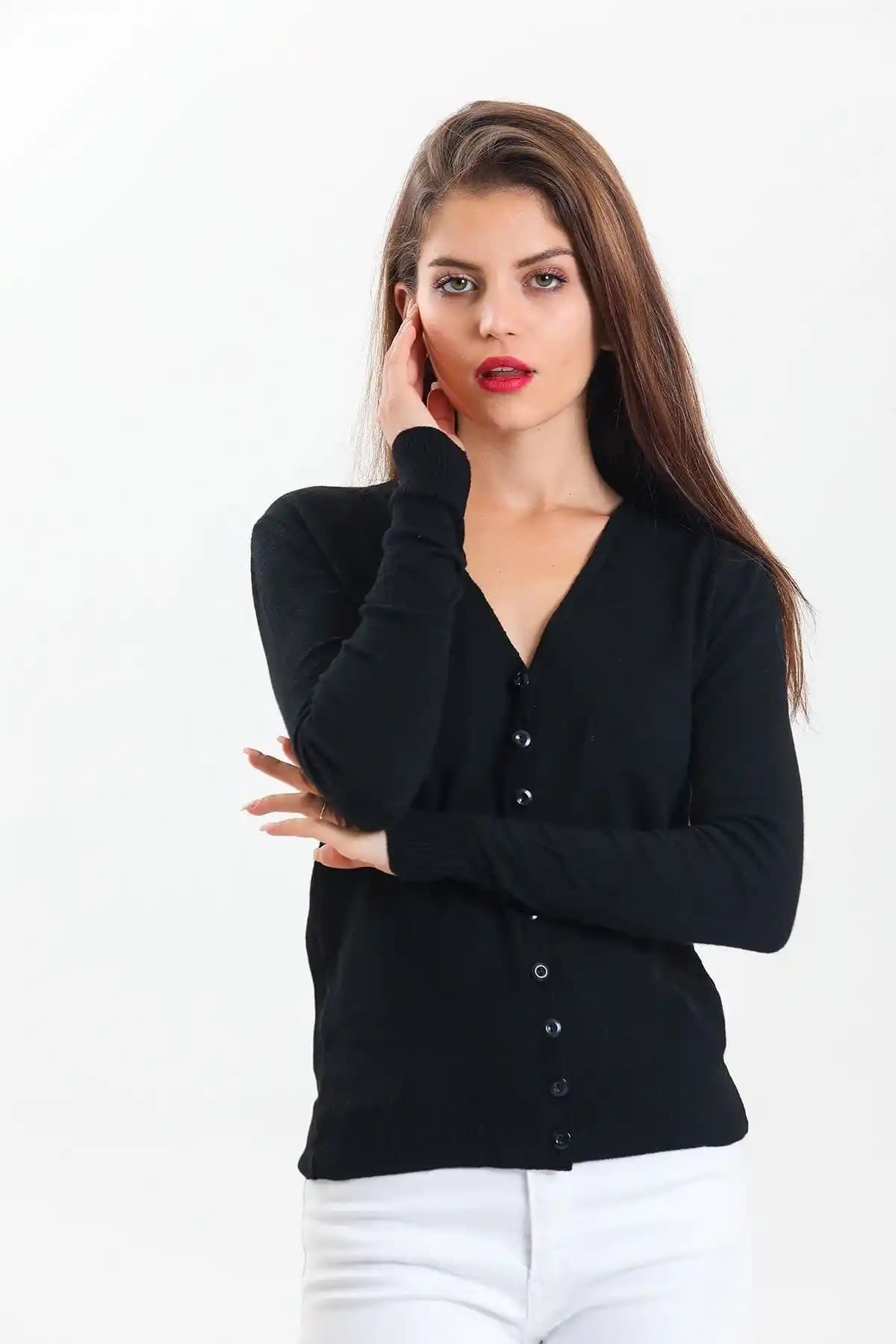 Jöns 1997 Model Kadın Siyah Düğmeli V Yaka Basic Triko Hırka Güncel Tasarım