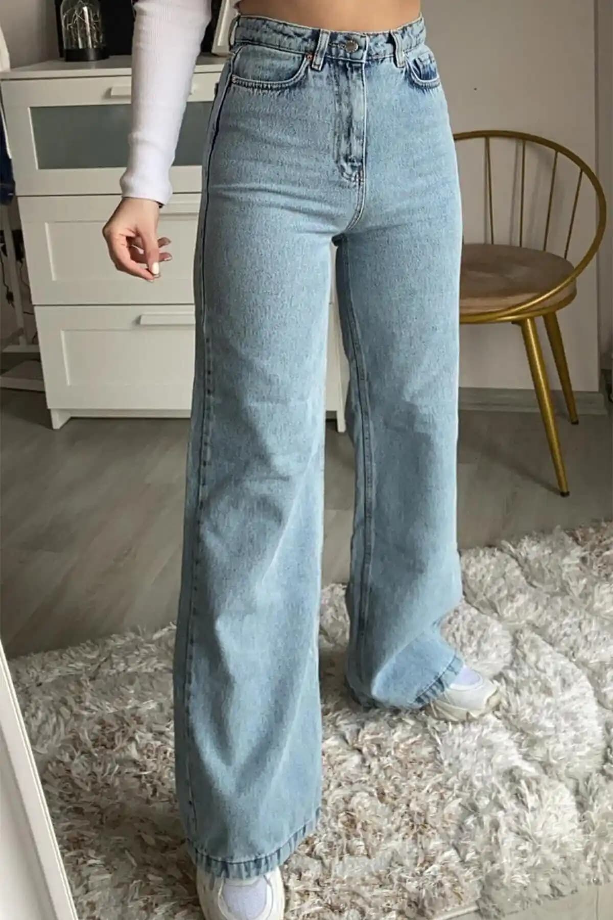 Kadın Livik Mavi Kar Yıkama Denim Pantolon Yüksek Bel Bol Paça Şık ve Rahat Klasik Stil