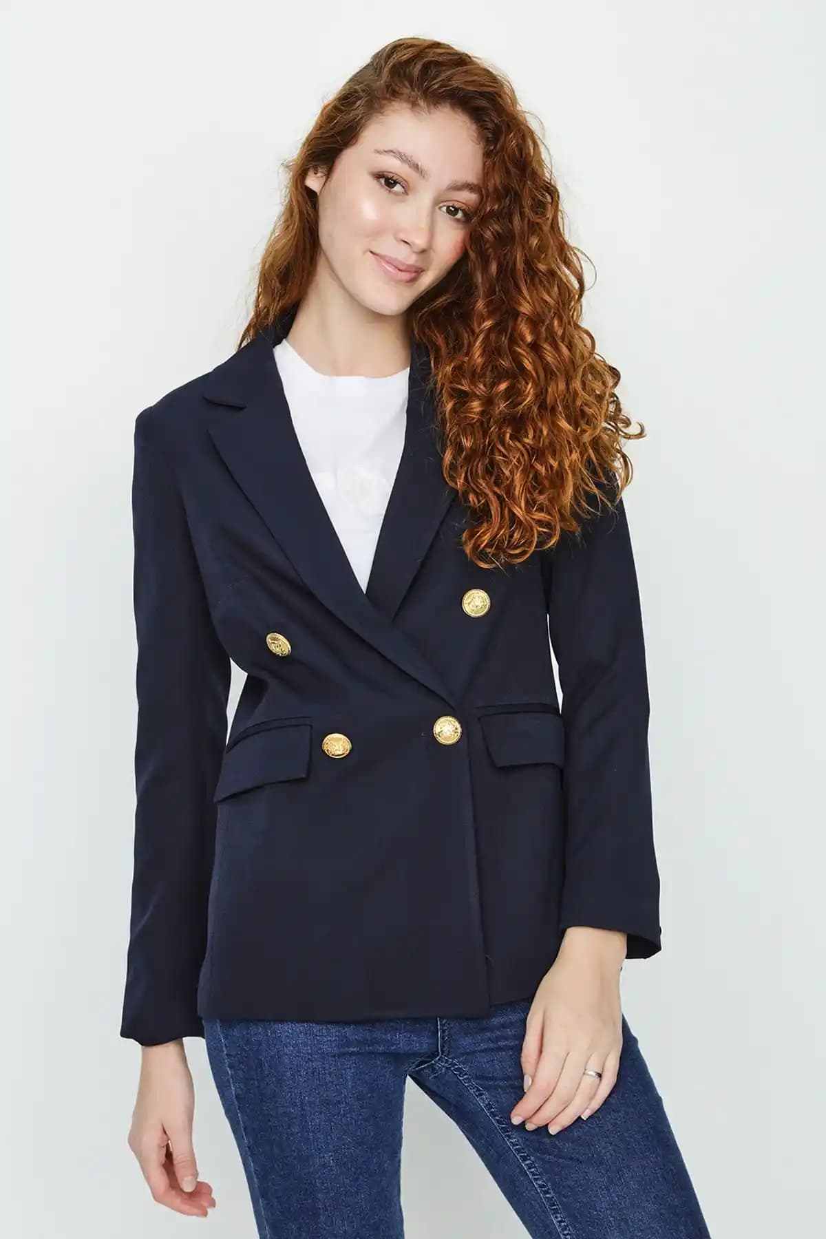 Kadınlar İçin Modern Lacivert Gold Düğmeli Blazer Ceket Günlük ve Resmi Kullanım İçin