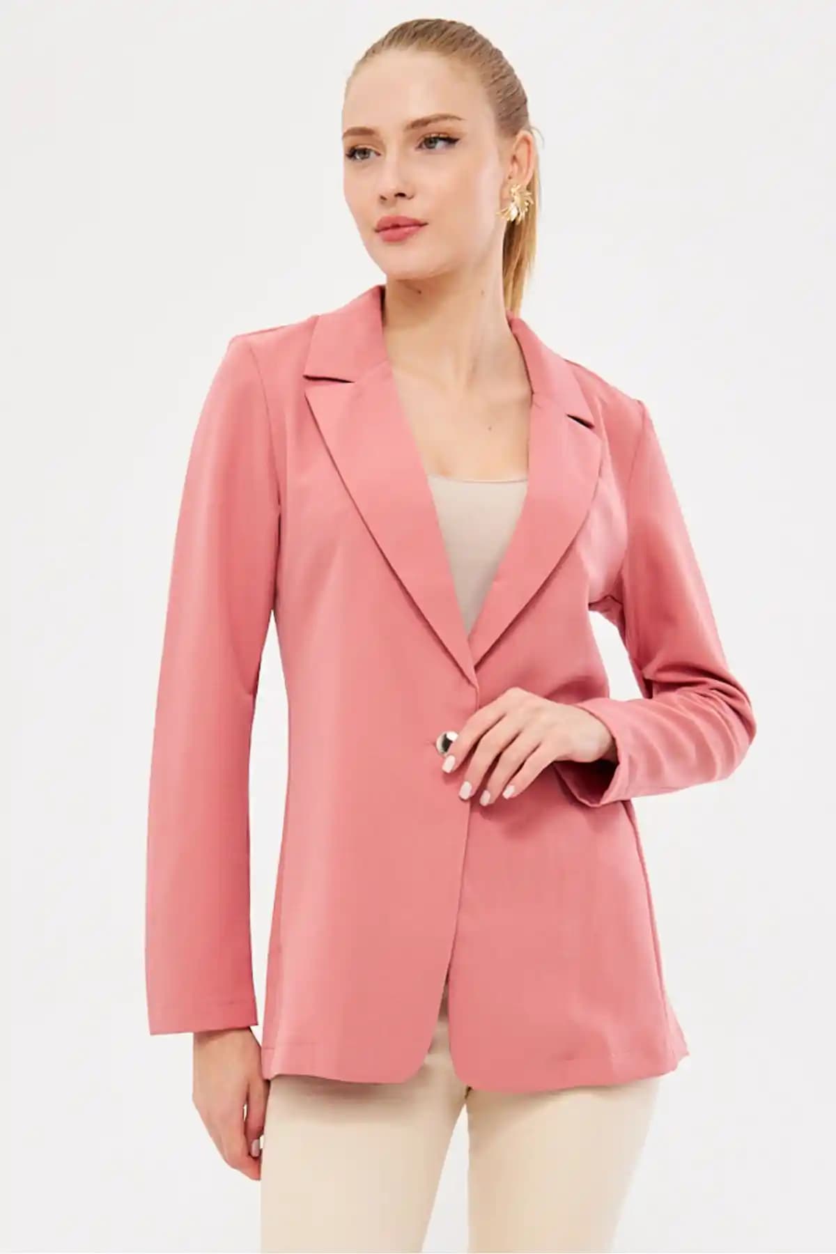 Kadınlar İçin Modern ve Şık Pembe Tek Düğmeli Ceket - Günlük Kullanım İçin Uygun