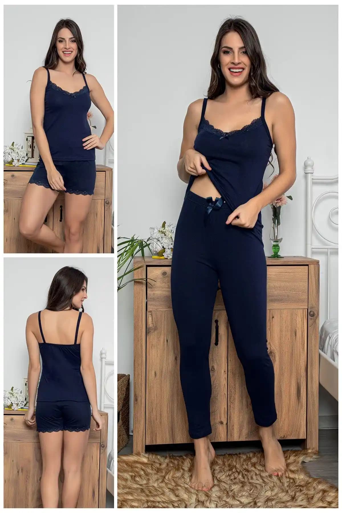 Kadınlar İçin Şık ve Konforlu Lacivert Dantel Detaylı Pijama Takımı