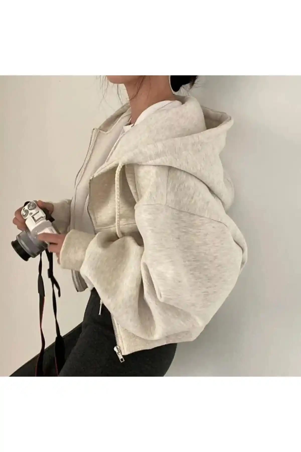 Köstebek Kar Melanj Crop Top ve Kalın Kumaş Fermuarlı Kapüşonlu Sweatshirtleri