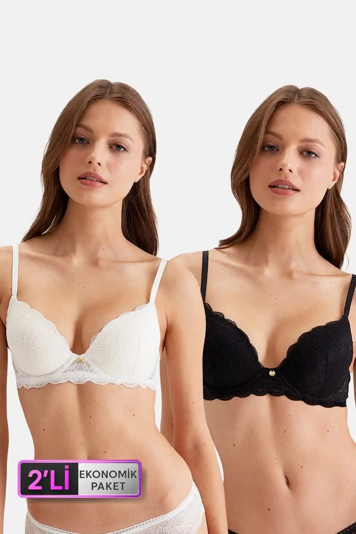 Pierre Cardin 2'li Siyah ve Ekru Balenli Soft Push Up Sütyen Seti
