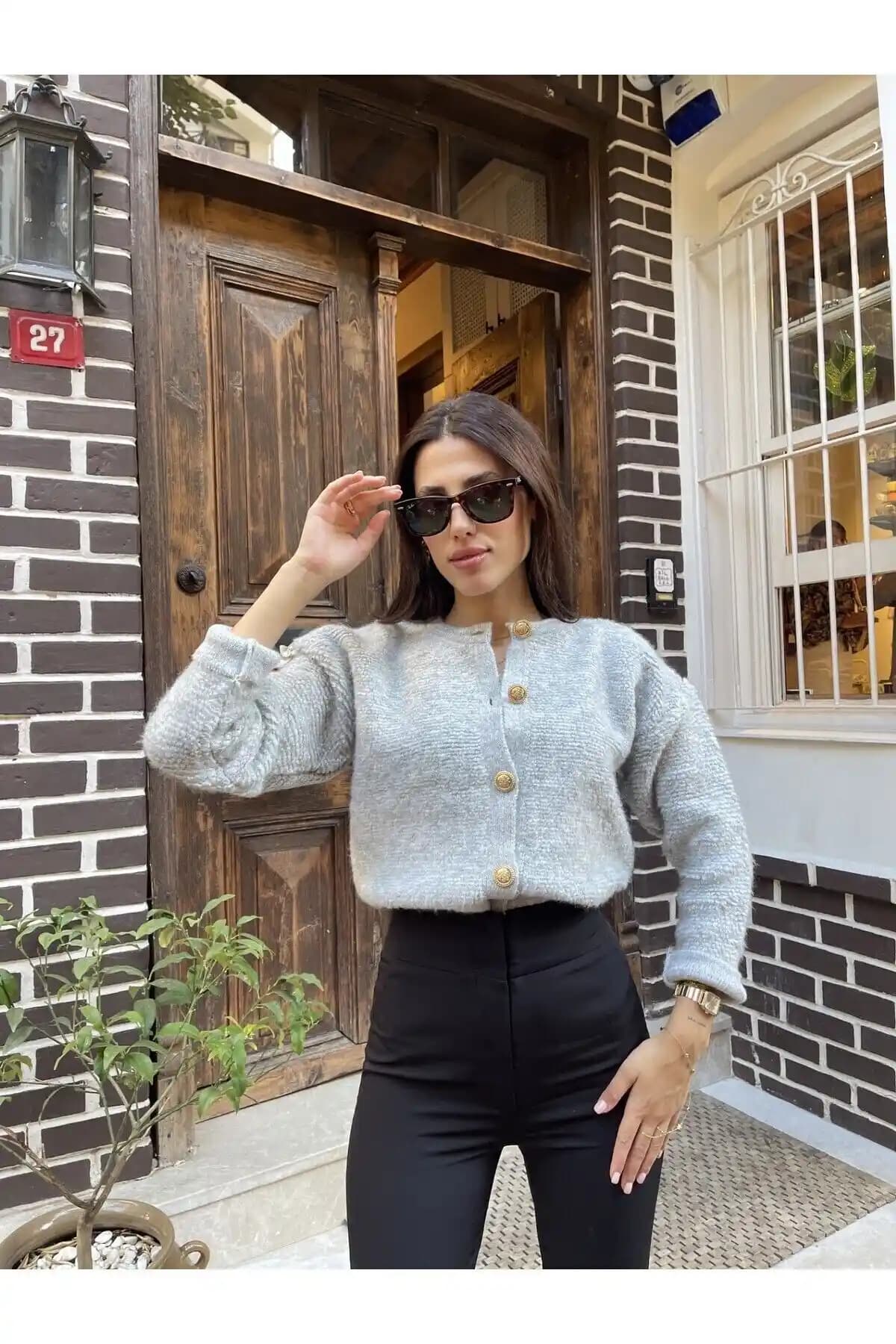 Puella Kadın Açık Gri Bisiklet Yaka Gold Düğmeli Teddy Peluş Triko Hırka