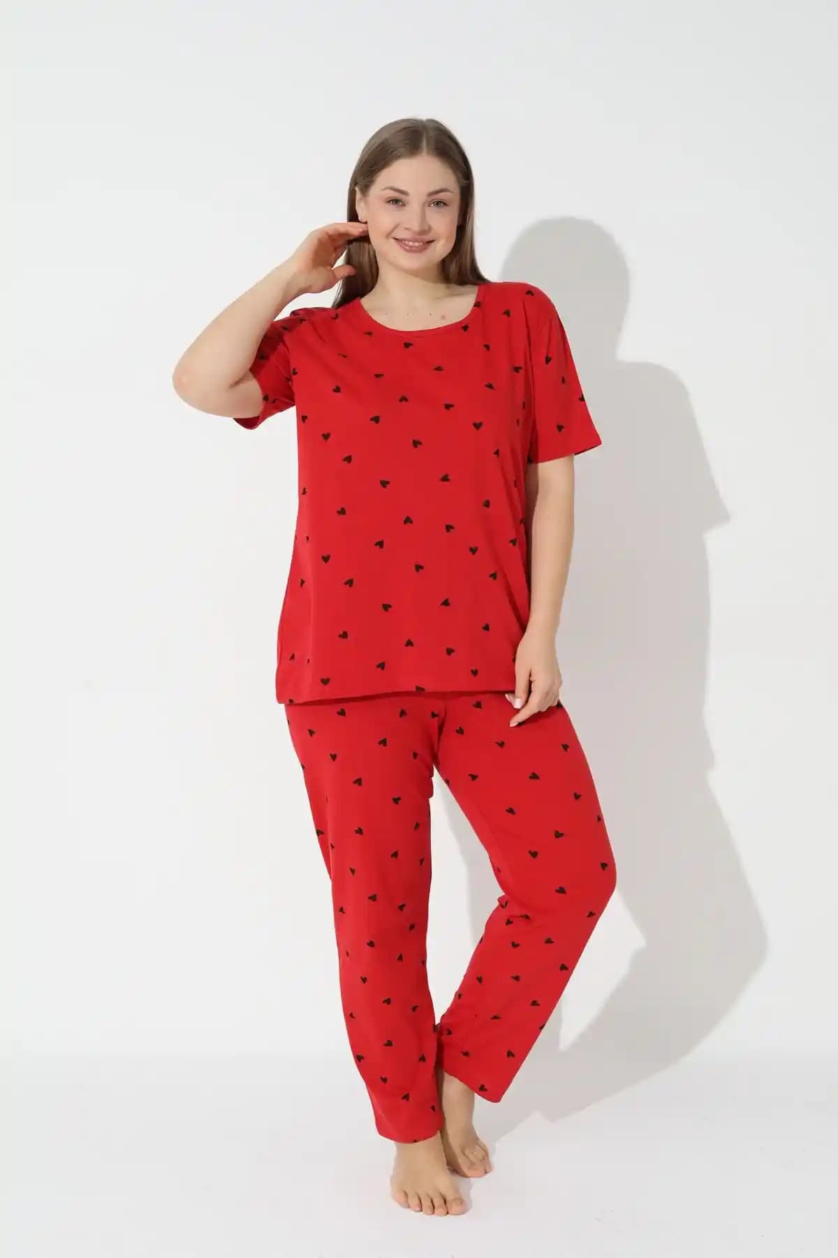 Siyah İnci Kırmızı Desenli Büyük Beden Battal Boy Pamuklu Pijama Takımı