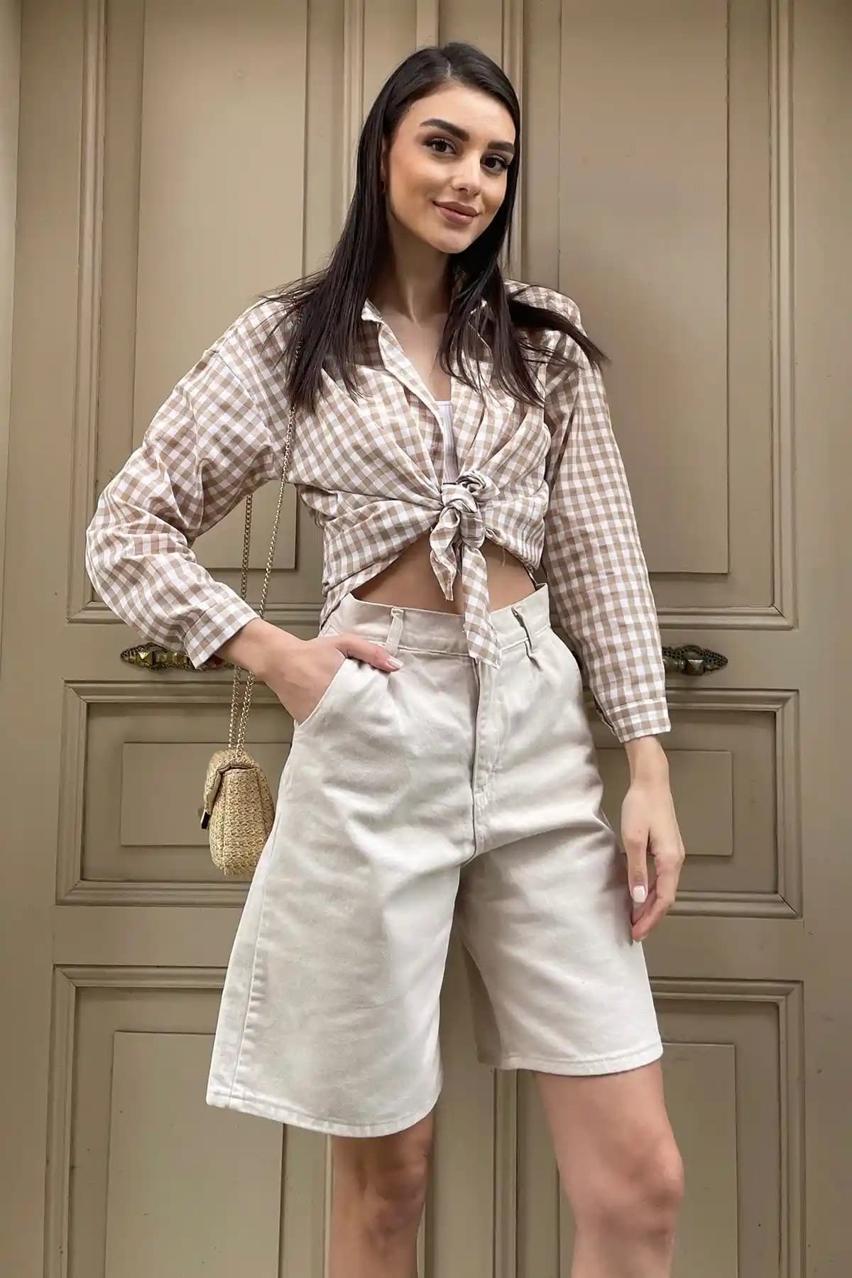 Trend Alaçatı Stili Kadın Bej Yüksek Bel Wide Leg Bermuda Denim Şort