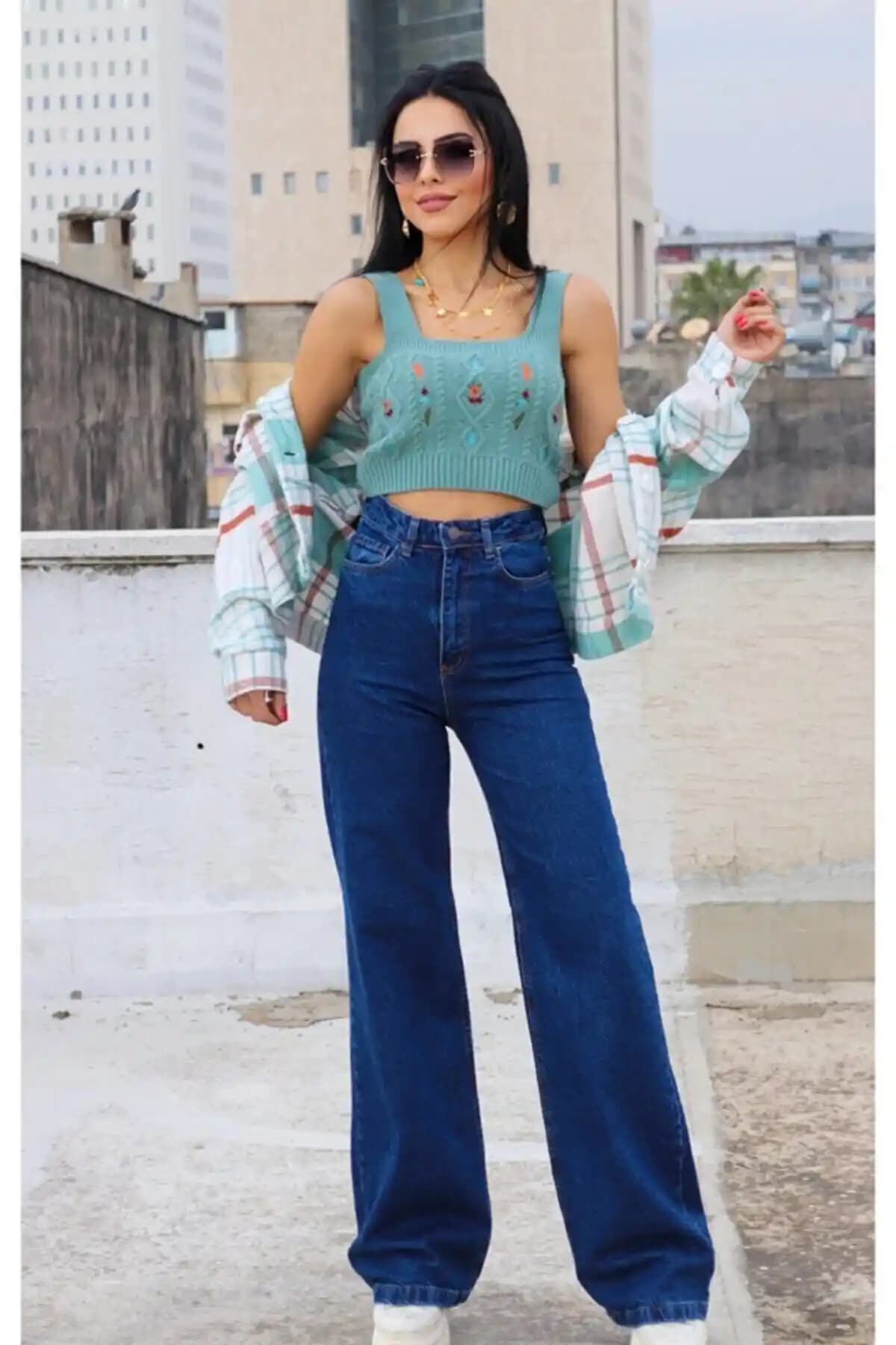 TRENDNATUREL Dark Blue 90's Yüksek Bel Palazzo Pantolon Günlük ve Şık Kombinler İçin