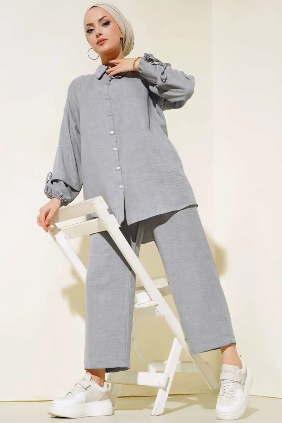 VOLT CLOTHING Kadın Düğmeli Keten İkili Takım Günlük ve Yazlık Kullanım İçin