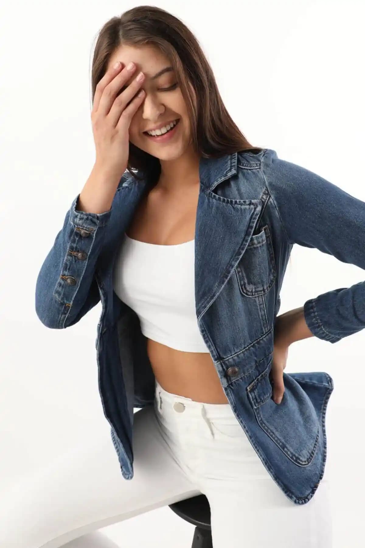 BANNY JEANS Kadın Uzun Kollu Tek Düğmeli Jean Ceket Günlük ve Şık Kombinler İçin Uygun