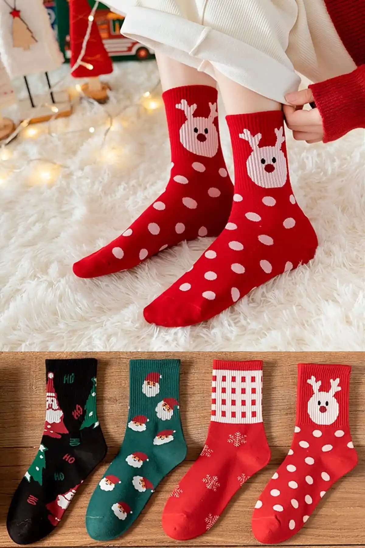 BGK Unisex Yılbaşı Çorap Seti 4'lü Renkli ve Desenli Yılbaşı Teması