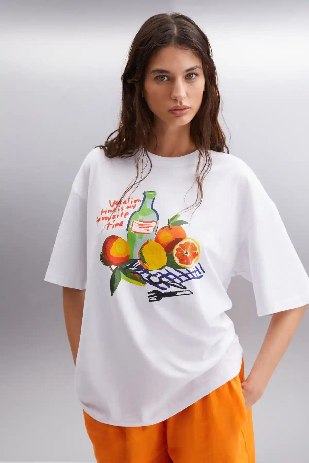 GRIMELANGE Nıtza Kadın Oversize Pamuklu Beyaz T-shirt Günlük Şıklık ve Konfor İçin