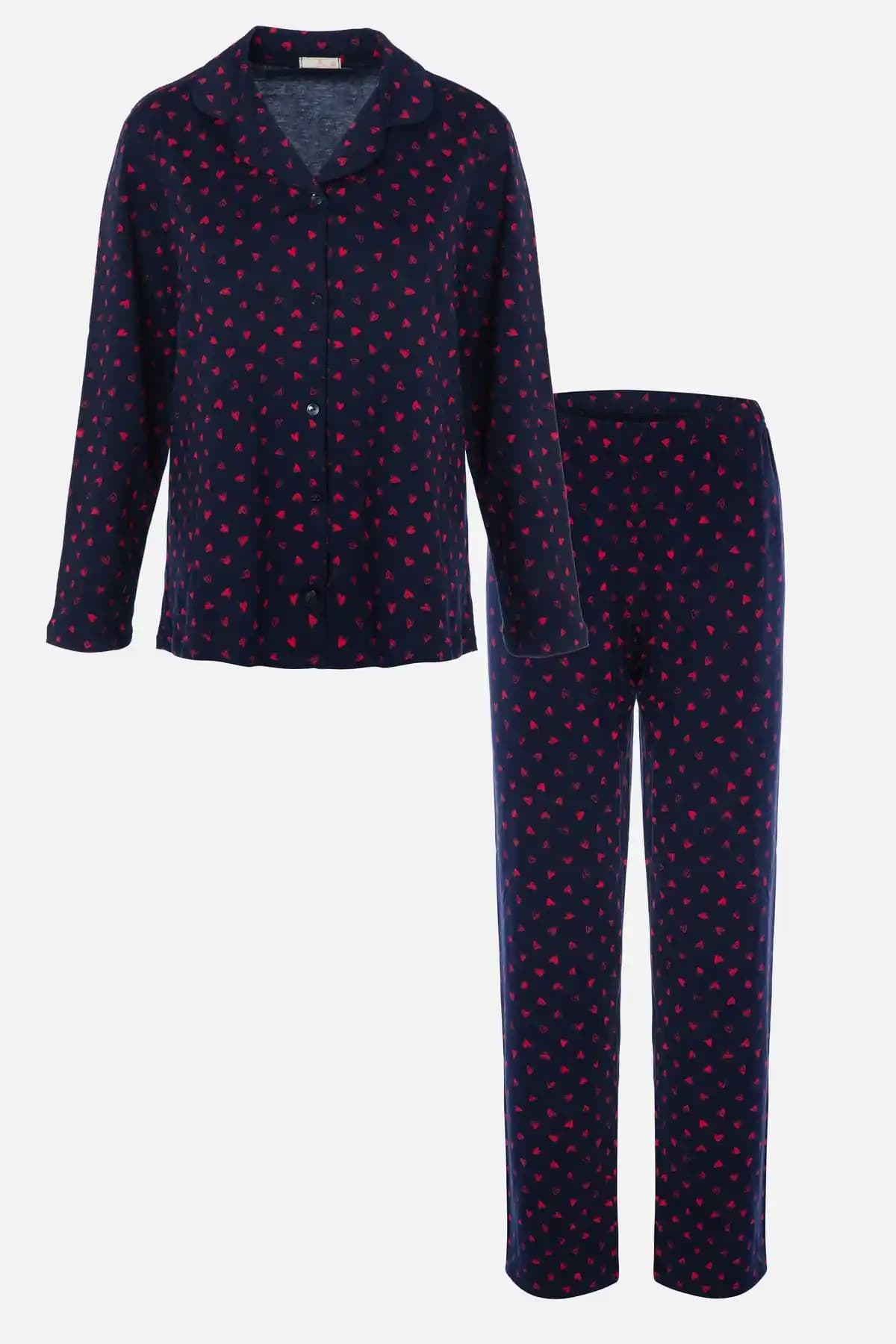 Kadın Lacivert ve Kırmızı Desenli Pamuklu Pijama Takımı - Şıklık ve Konforun Buluşması