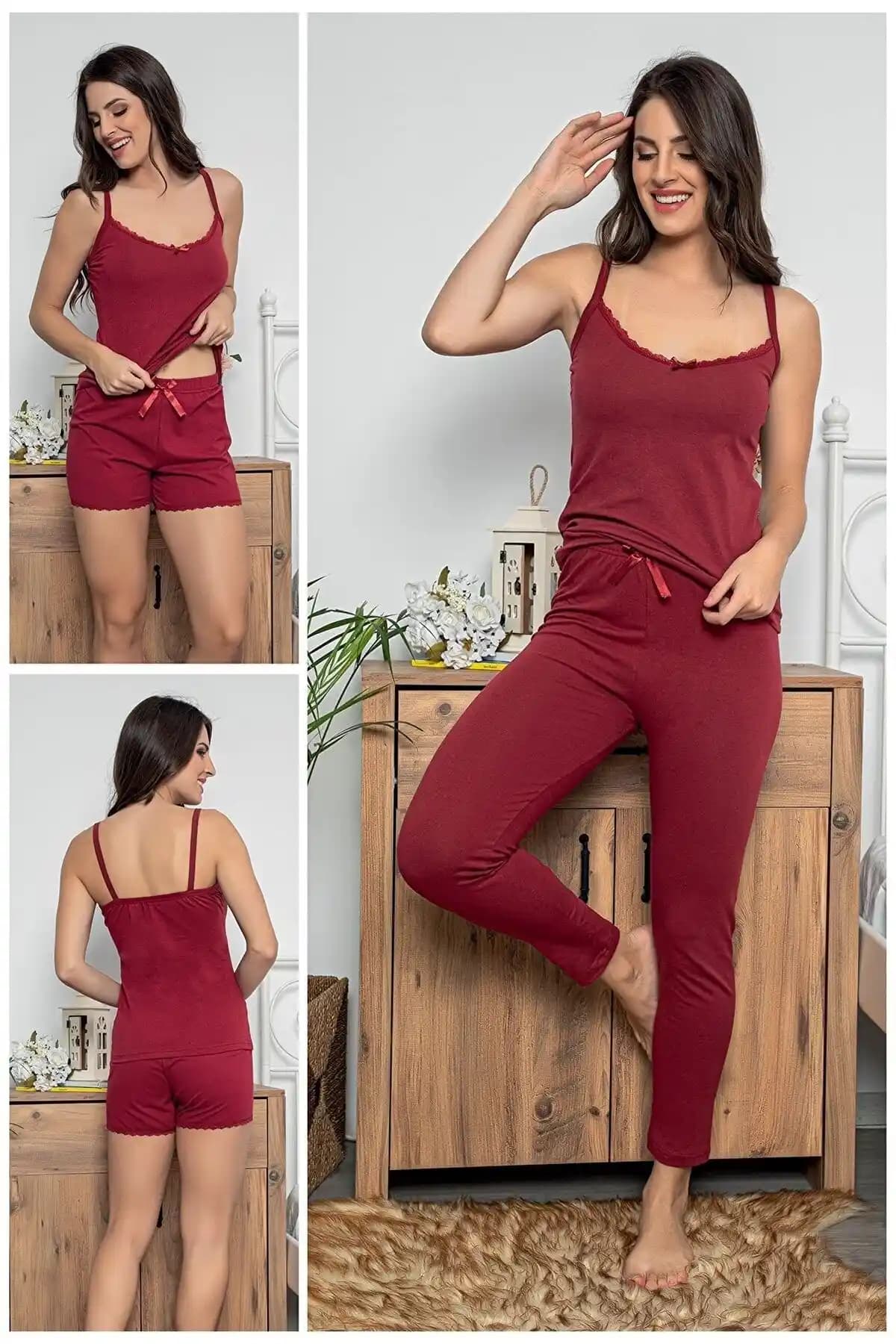 Kadınlar İçin Şık ve Konforlu Bordo Dantel Detaylı Pijama Takımı 3'lü Set
