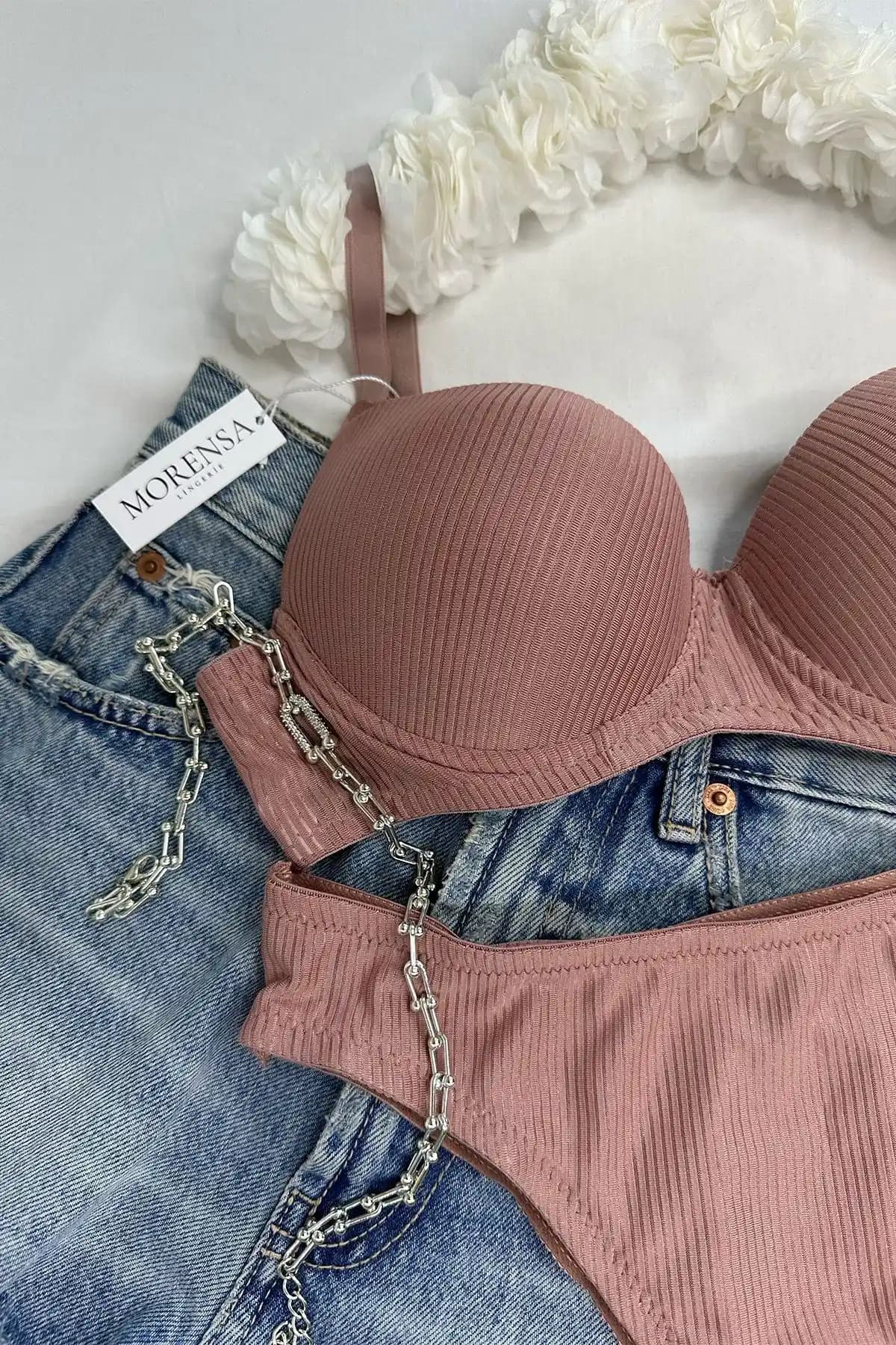 Morensa Pudra Renkli Desenli Balenli Destekli Sütyen Takımı Günlük Kullanım İçin