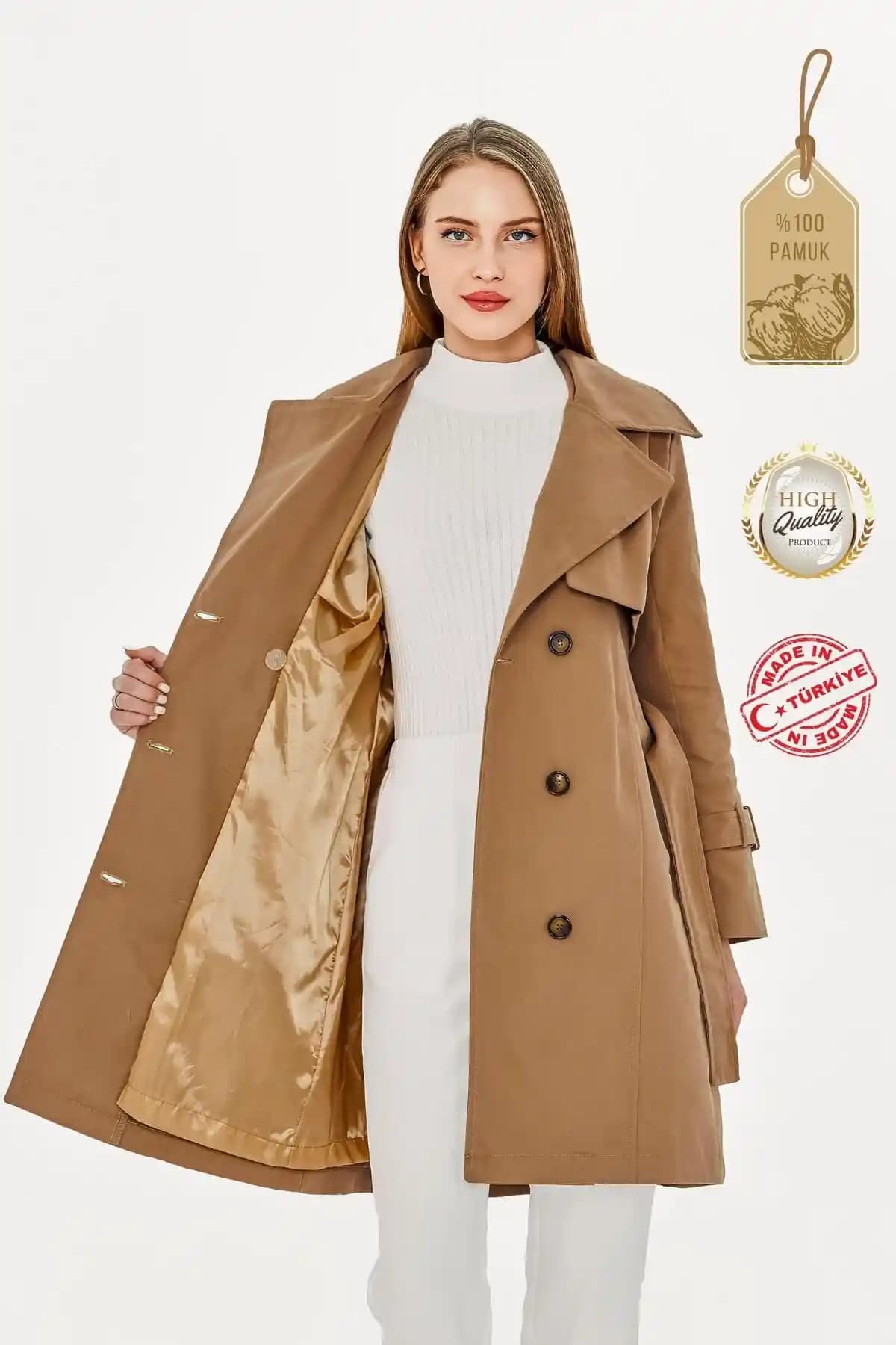 Pastelastore %100 Pamuk Gabardin Midi Astarlı Kadın Trençkotları Günlük ve Ofis Şıklığı İçin