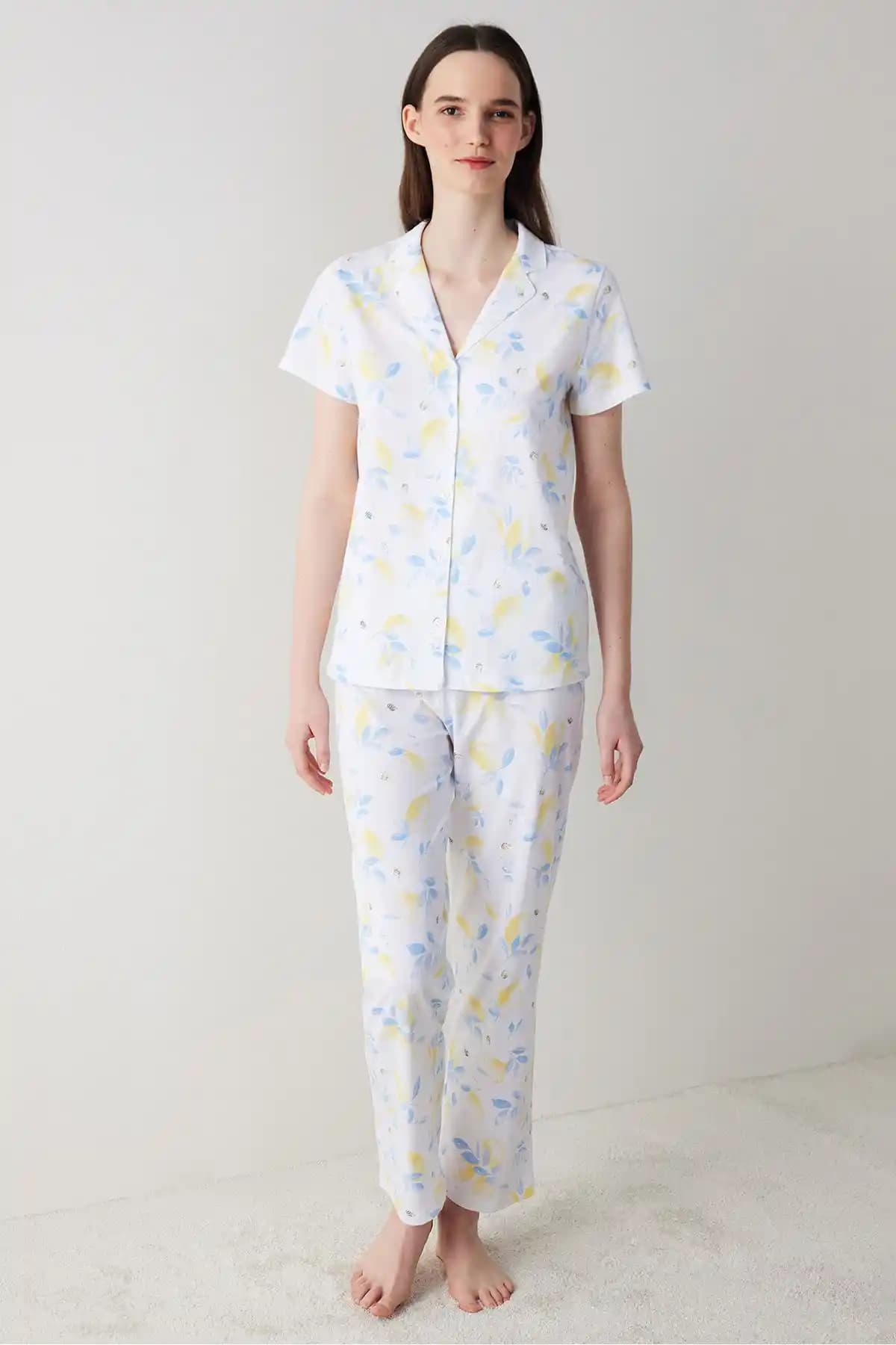 Penti Lemon Printed Beyaz Düğmeli Gömlek Pijama Takımı Yüksek Kaliteli ve Rahat Ev Giyim Seçeneği