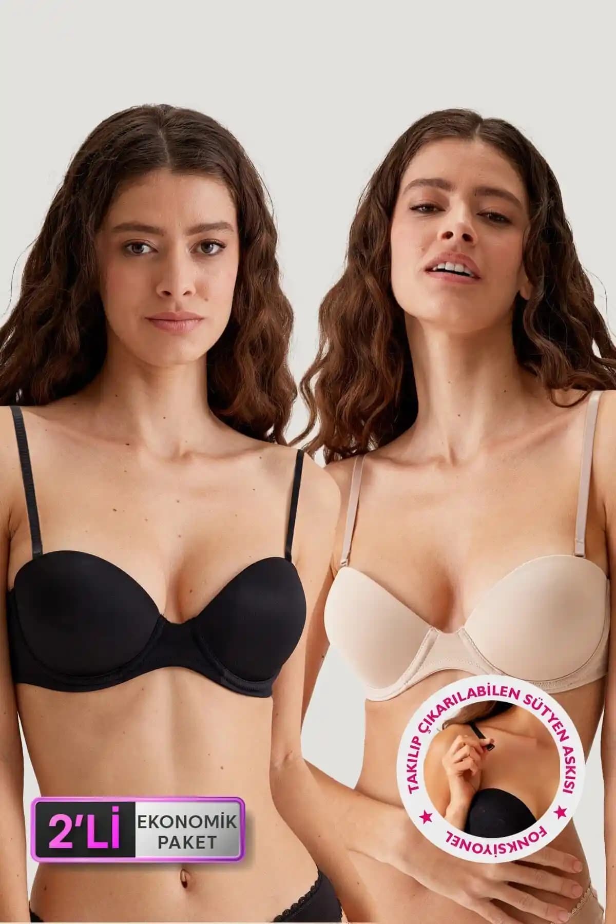 Pierre Cardin 2'li Ekonomik Straplez Sütyen Seti Siyah ve Ten Renklerde Günlük ve Özel Kullanım İçin