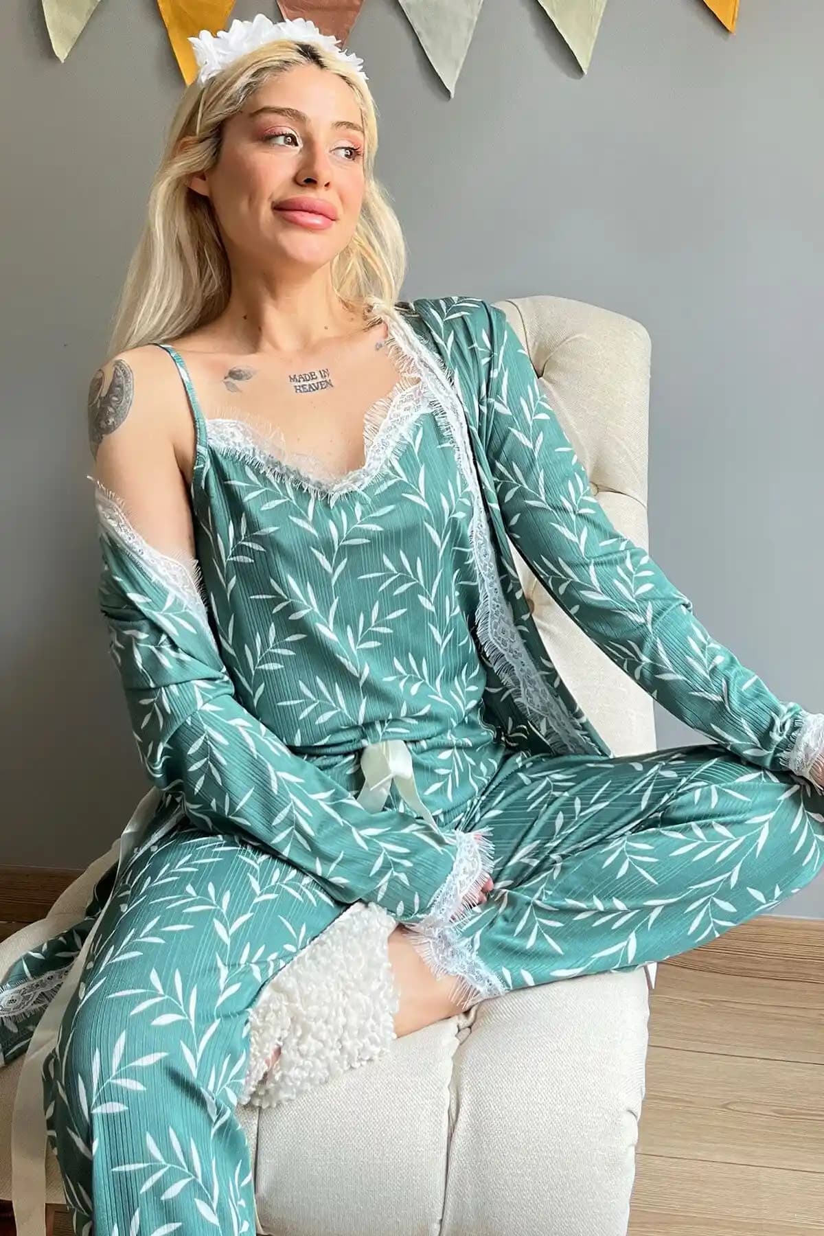 Yeşil Zeytin Dalı Desenli Sabahlıklı Pegasus Pijama Takımı Özellikleri ve Kullanım Alanları