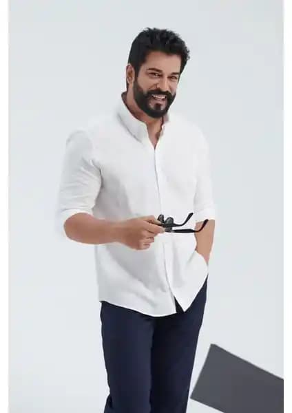 Altınyılz Classics Erkek Beyaz Slim Fit Dar Kesim Keten Görünümlü Gömlek 100% Pamuk