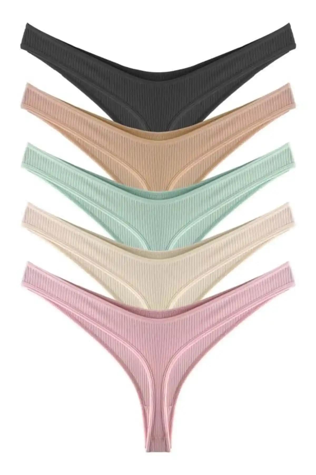 Cottonhill Kadın Pamuklu ve Likrali Fitilli Kaşkorse Tanga Külot 5'li Paket