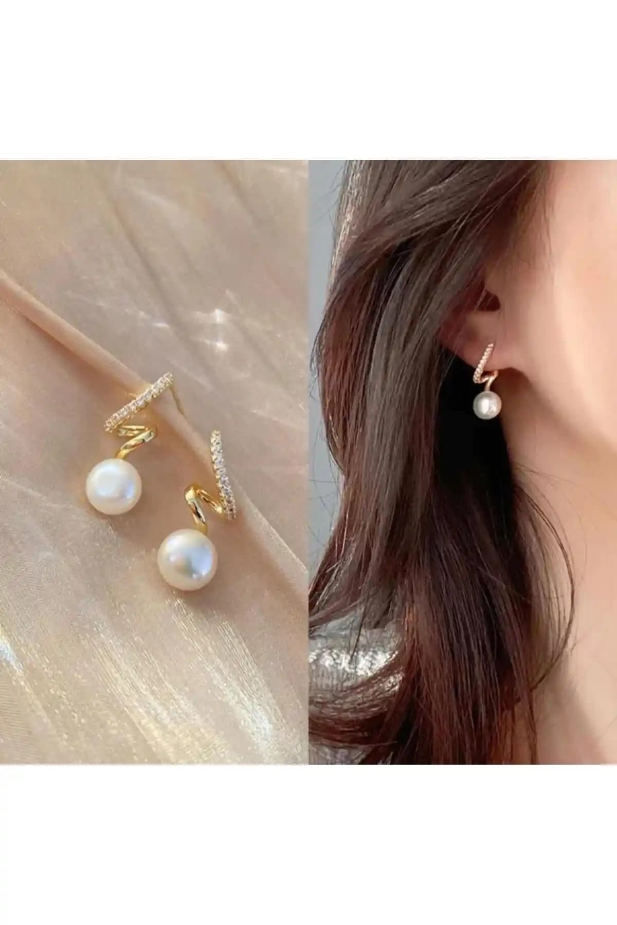 Göz Alıcı İnci ve Yaprak Tasarımı Anti-Alerjik Çelik Küpe HobiSY Gift Shop