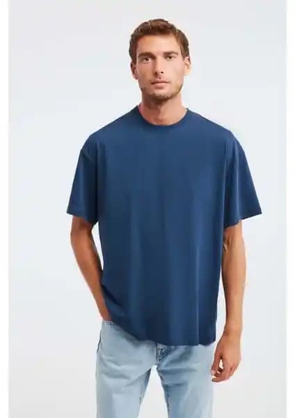 Grimelange Jett Erkek Oversize Fit %100 Organik Pamuk Lacivert T-shirt Günlük ve Spor Kullanımına Uygun