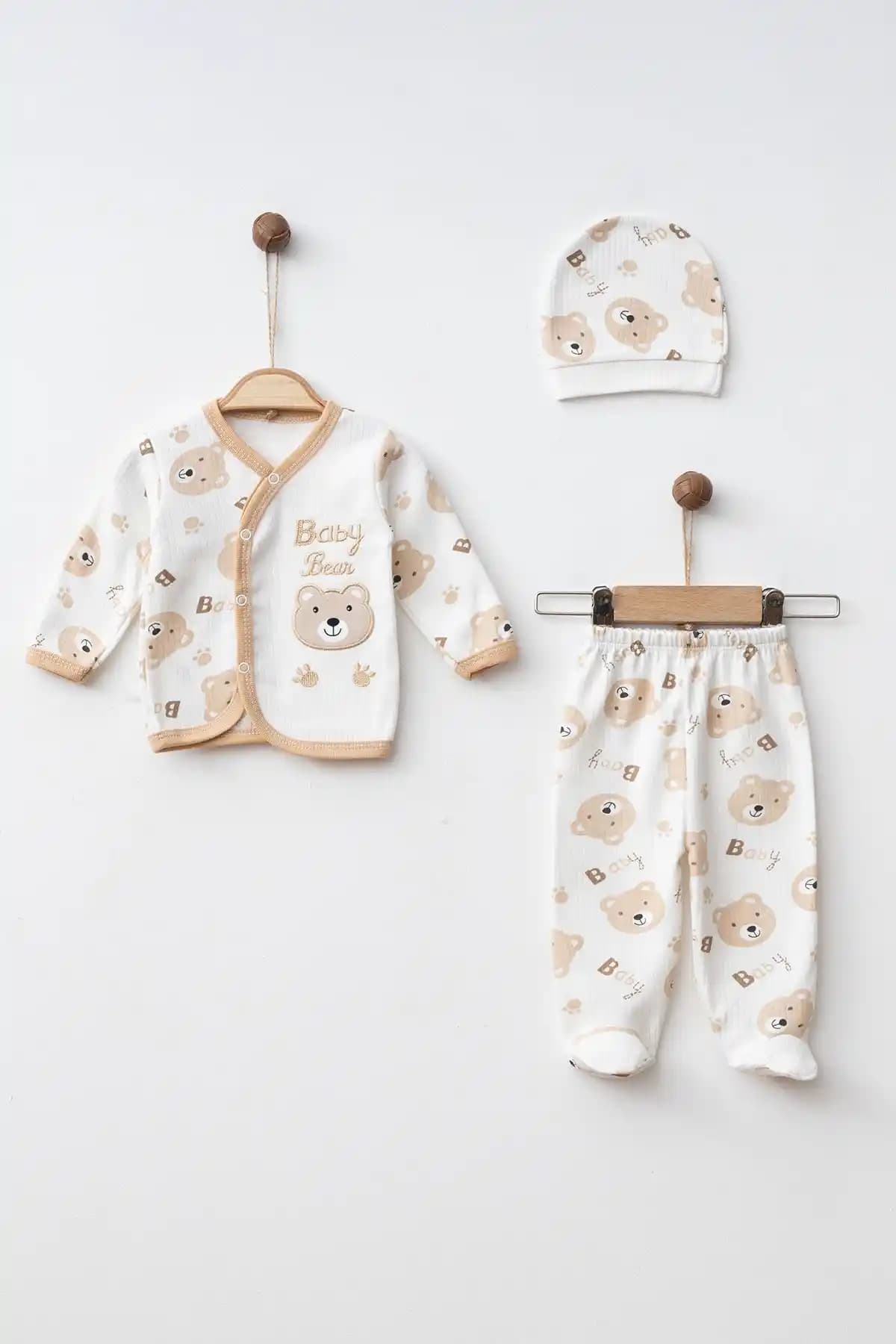 KUZENLER BEBE Bebek Ayıcıklı 3'lü Zıbın Seti Organik Pamuklu ve Pratik Kullanım