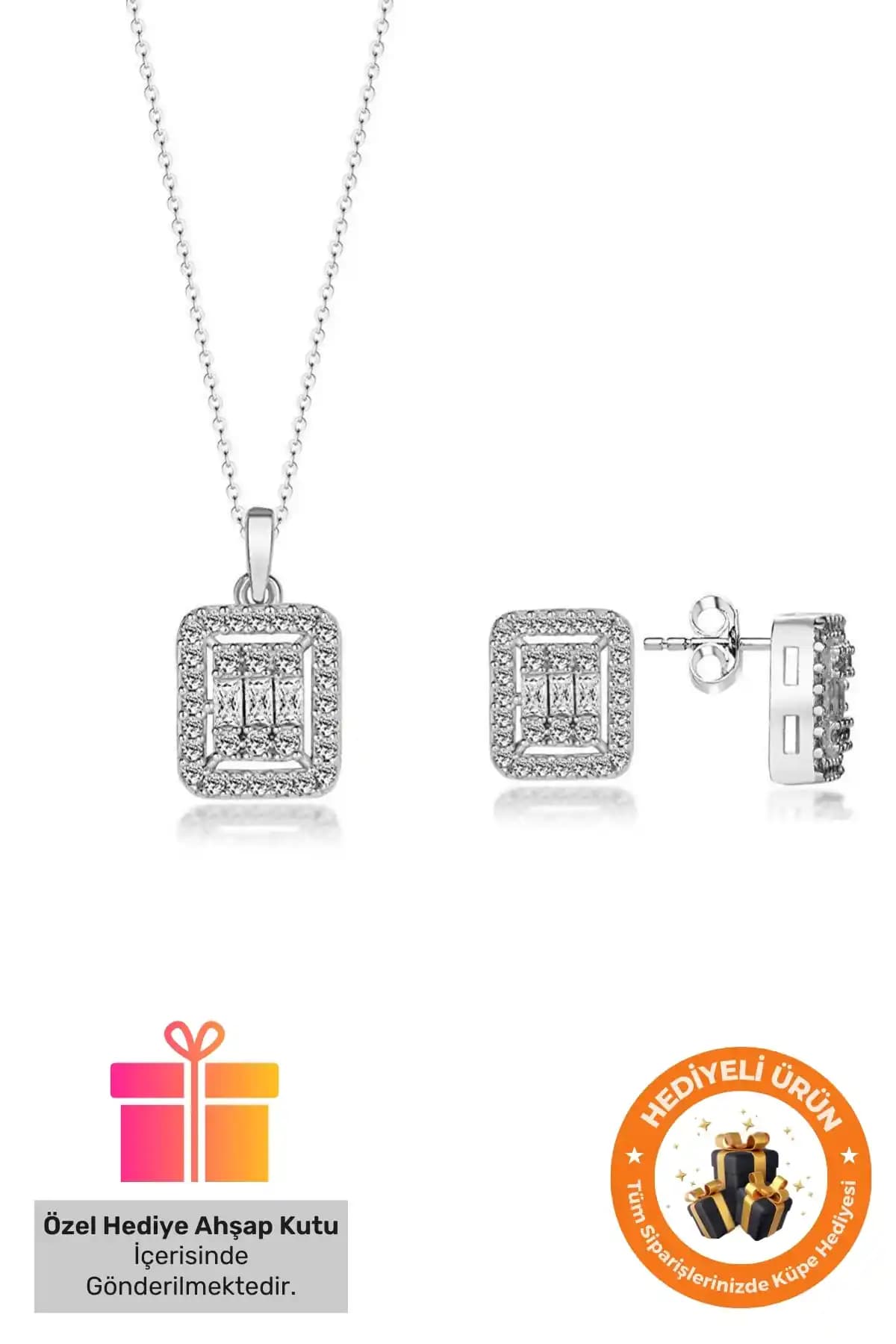 Lucente Jewelry Baget Taşlı Gümüş Takı Seti Hediye Kutusunda Zarif ve Şık Tasarım