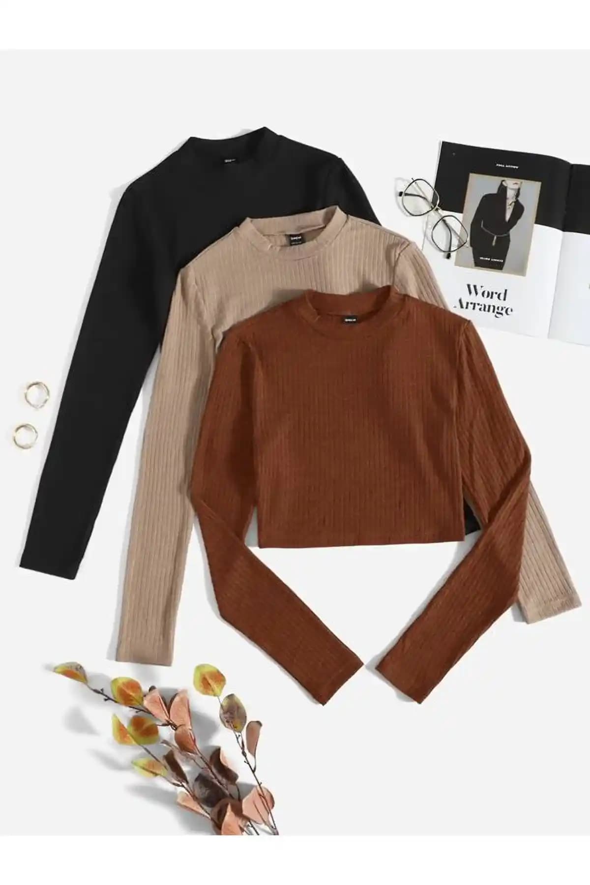 Öz Pamuk Kadın 3'lü Fitilli Crop Bluz Günlük ve Şık Kullanım İçin Uygun