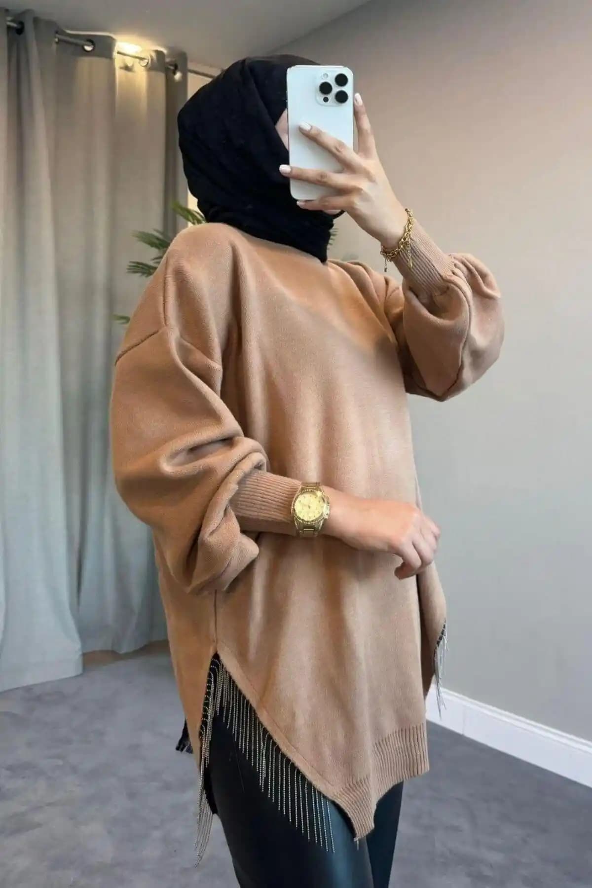 Şule Giyim Locamz Yarı Zincirli Triko Kazak Sütlü Kahve Günlük ve Şık Kullanım İçin