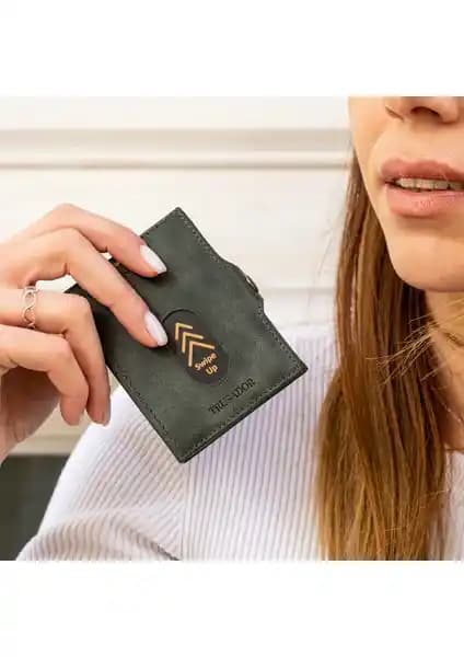 Trusador Valencia Yeşil Hakiki Deri RFID Korumalı Mini Unisex Cüzdan 75-90 karakter