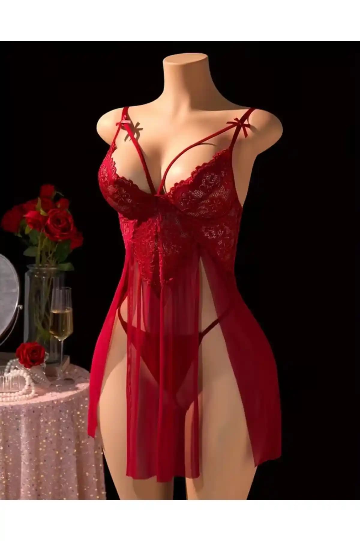 WINDY LAND Kadın Bordo Dantel Detaylı Ful Nikralı Tül Yumsak Gecelik İncelikli Tasarım ve Konfor Sunar