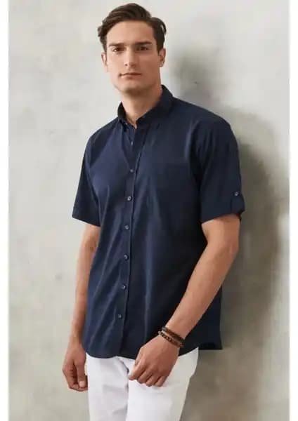 Altınyılz Classics Erkek Lacivert Keten Görünümlü Comfort Fit Kısa Kollu Gömlek
