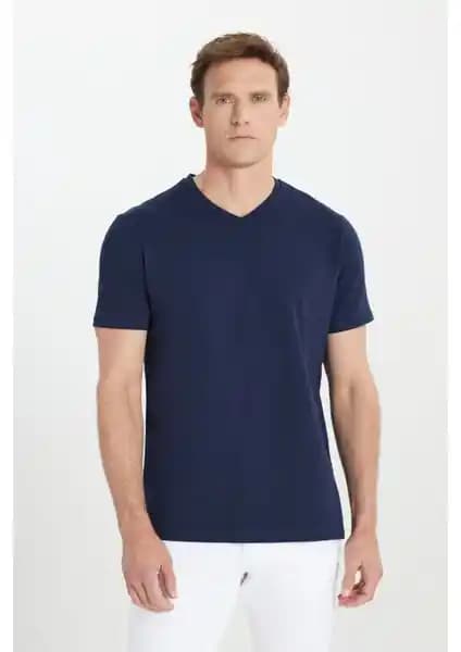 Altınyılz Classics Erkek Lacivert Slim Fit Dar Kesim %100 Pamuk V Yaka Tişört